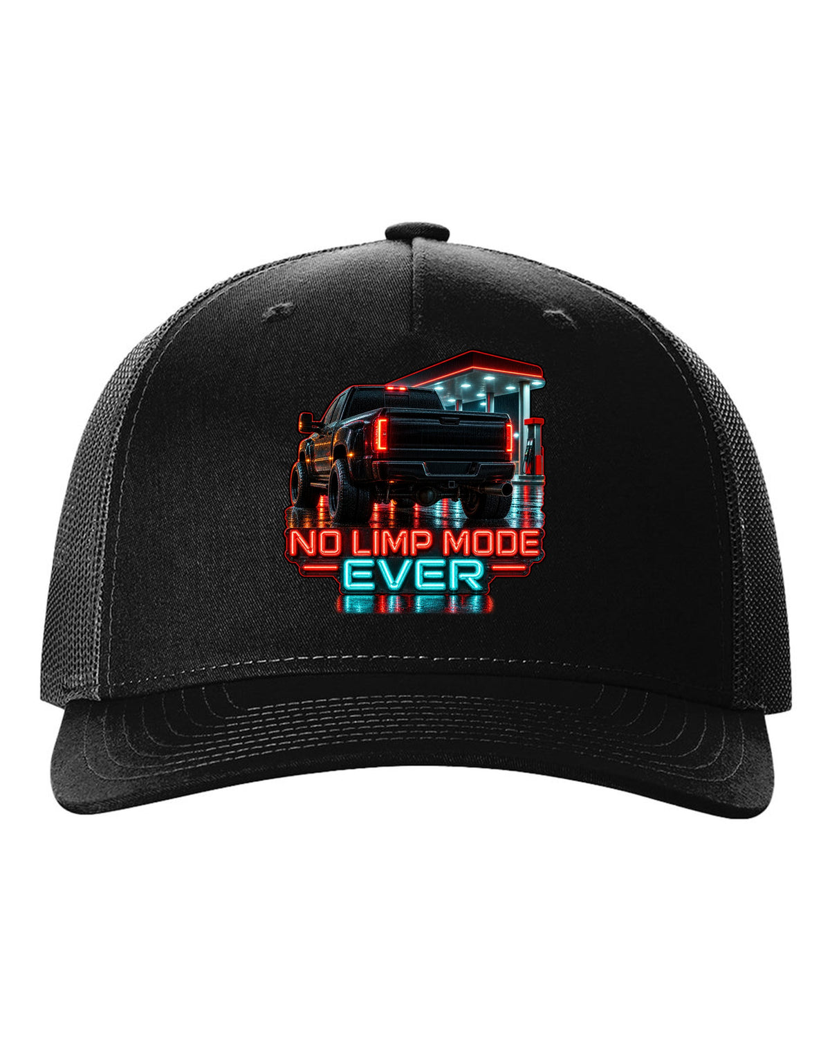 Photoreal night garage taillight print of a 1994-1998 Dodge Ram 2500 12V Cummins with No Limp Mode Ever text black hat front view with the design