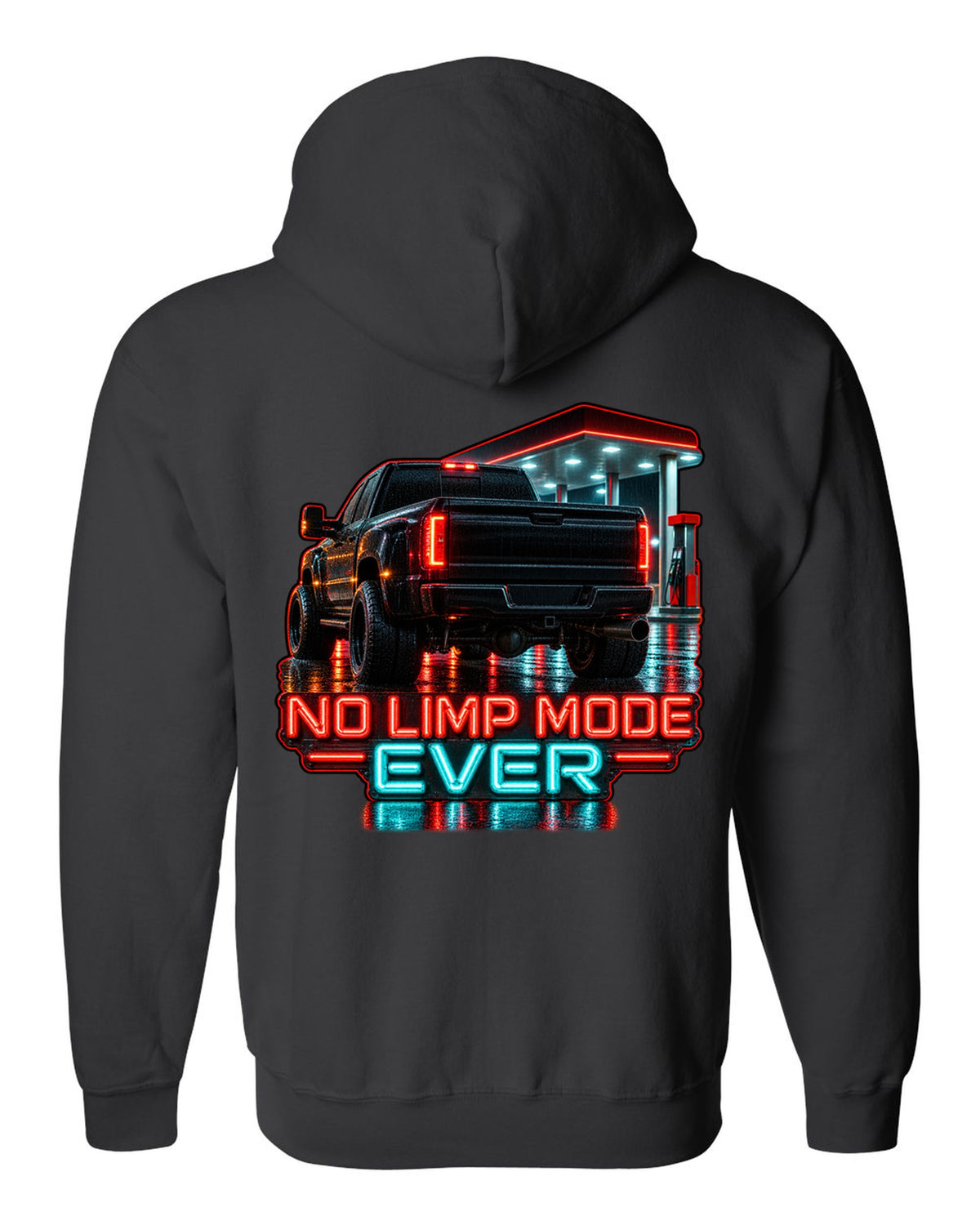Photoreal night garage taillight print of a 1994-1998 Dodge Ram 2500 12V Cummins with No Limp Mode Ever text black zip hoodie back view with the design