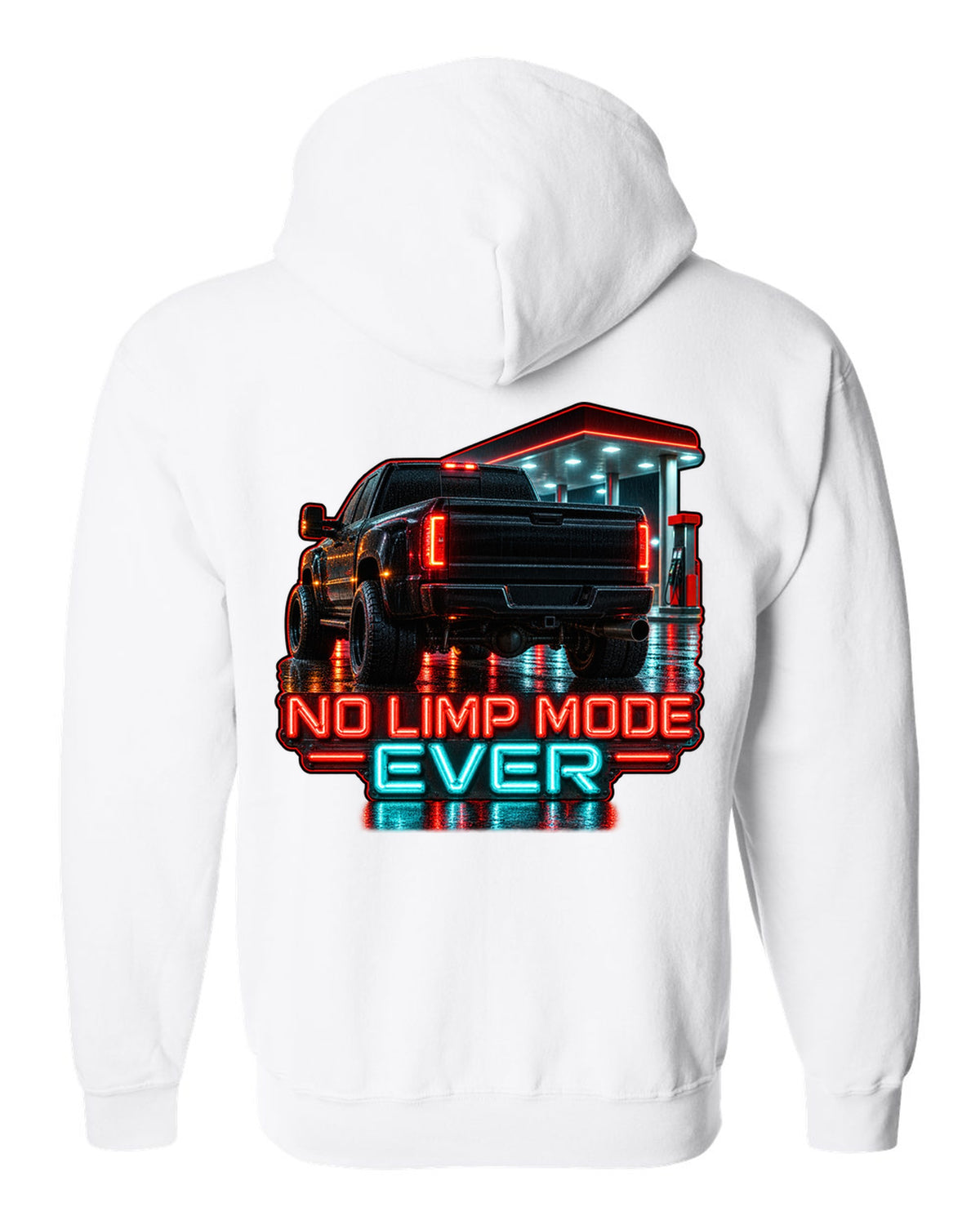 Photoreal night garage taillight print of a 1994-1998 Dodge Ram 2500 12V Cummins with No Limp Mode Ever text white zip hoodie back view with the design