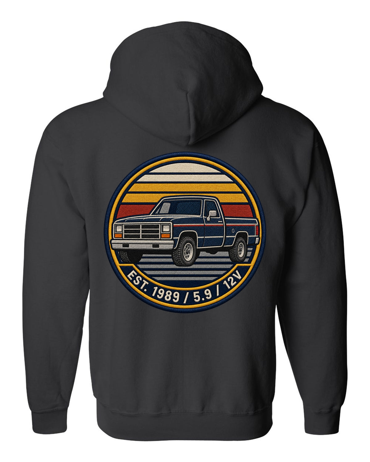 Varsity-style grille crest print of a 1989-1993 Dodge Ram 1st gen with Est. 1989 5.9 12V text black zip hoodie back view with the design