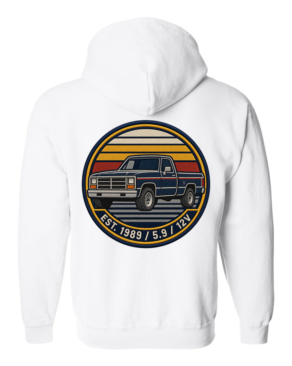 Varsity-style grille crest print of a 1989-1993 Dodge Ram 1st gen with Est. 1989 5.9 12V text white zip hoodie back view with the design