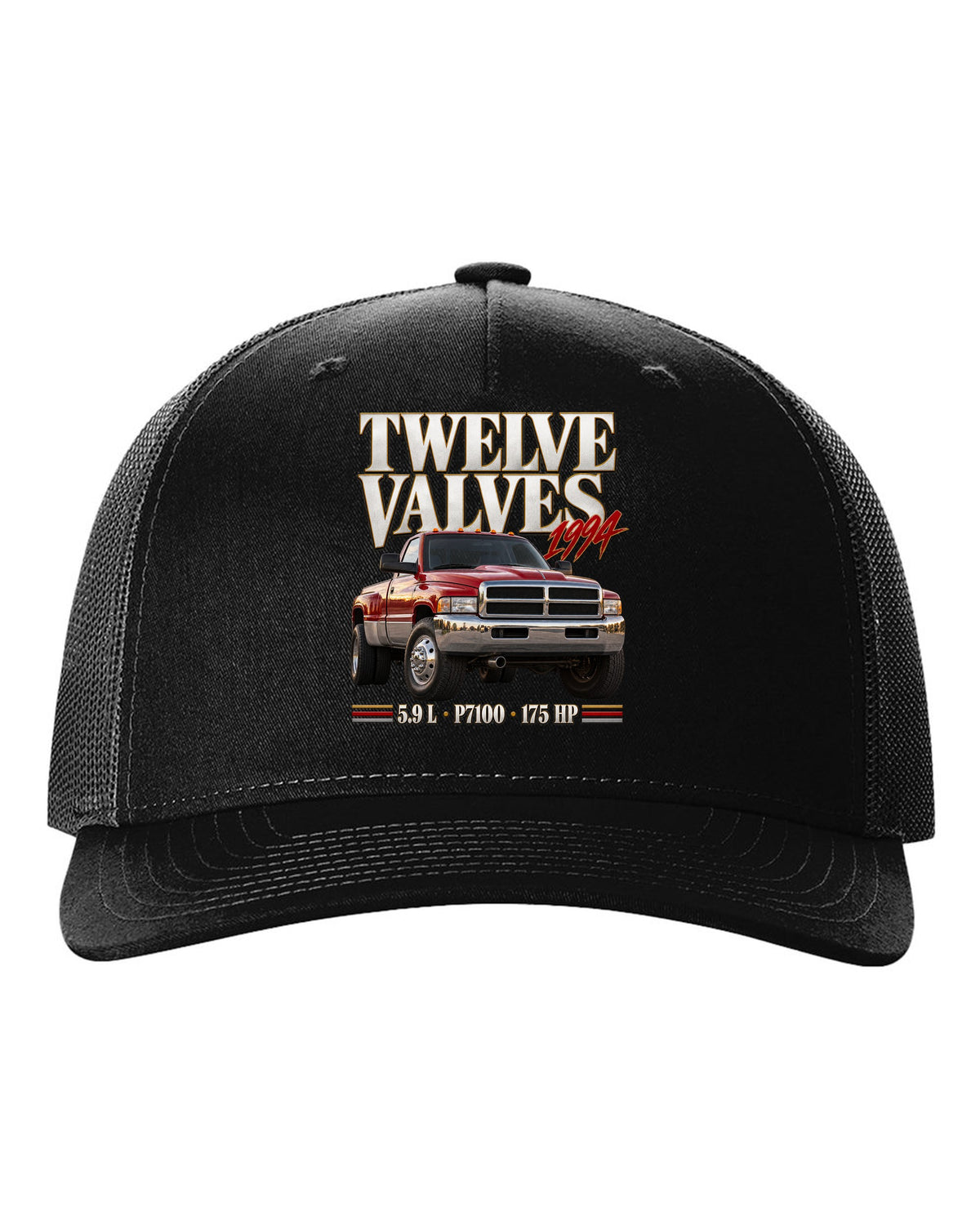 Editorial print of a 1994-98 Ram 2500 Cummins 5.9 12V with P7100 pump lettering black hat front view with the design