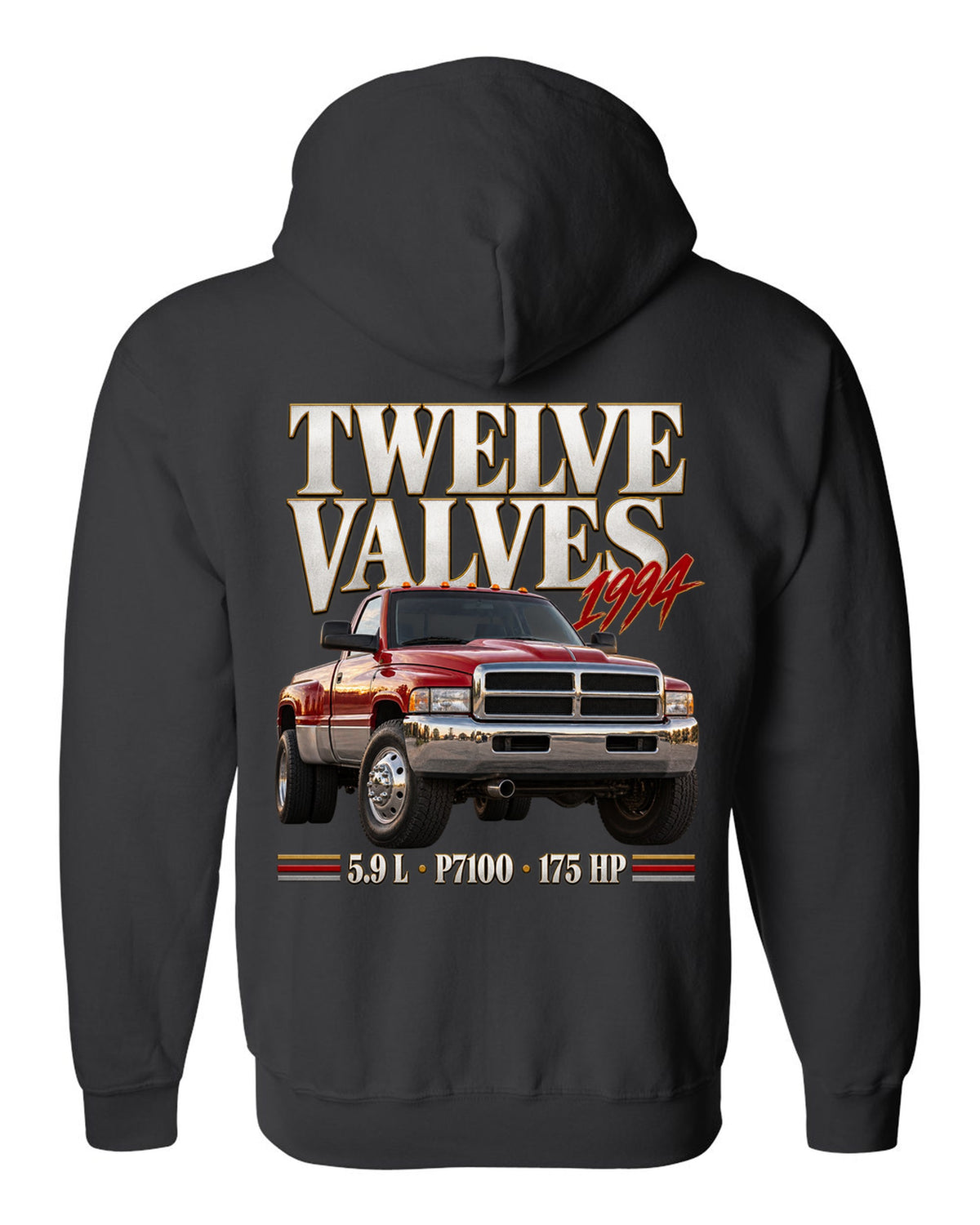 Editorial print of a 1994-98 Ram 2500 Cummins 5.9 12V with P7100 pump lettering black zip hoodie back view with the design