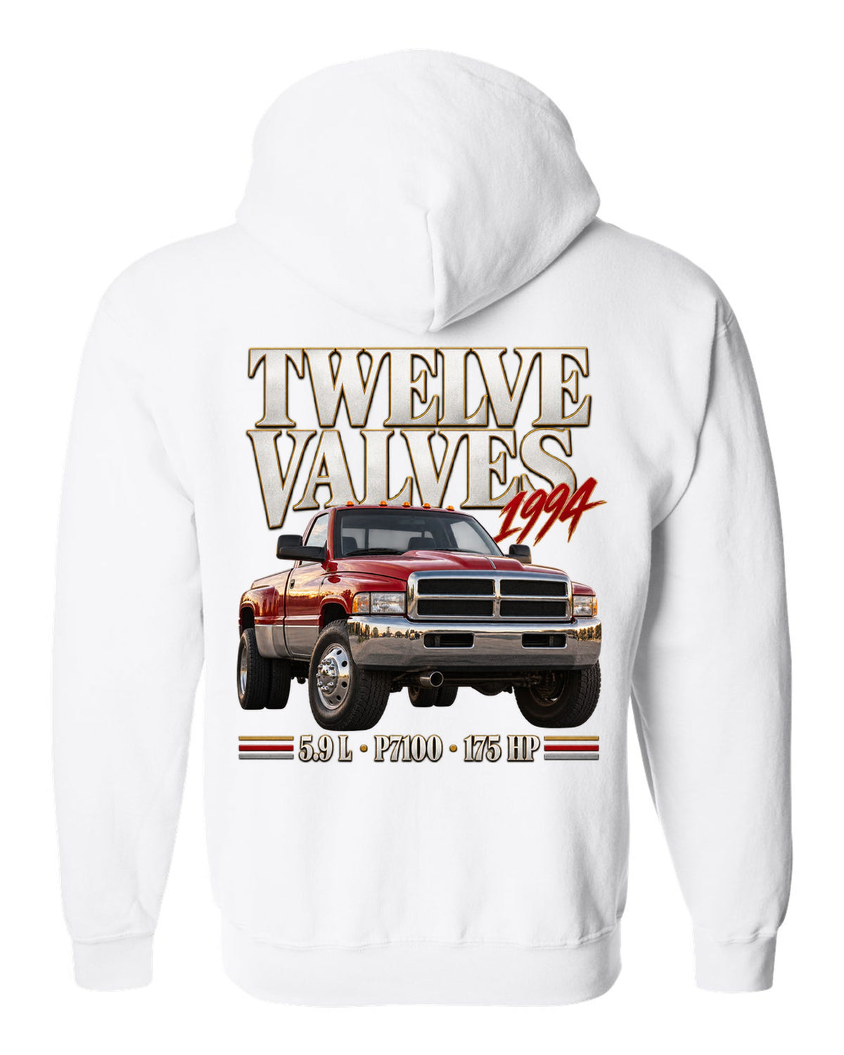Editorial print of a 1994-98 Ram 2500 Cummins 5.9 12V with P7100 pump lettering white zip hoodie back view with the design