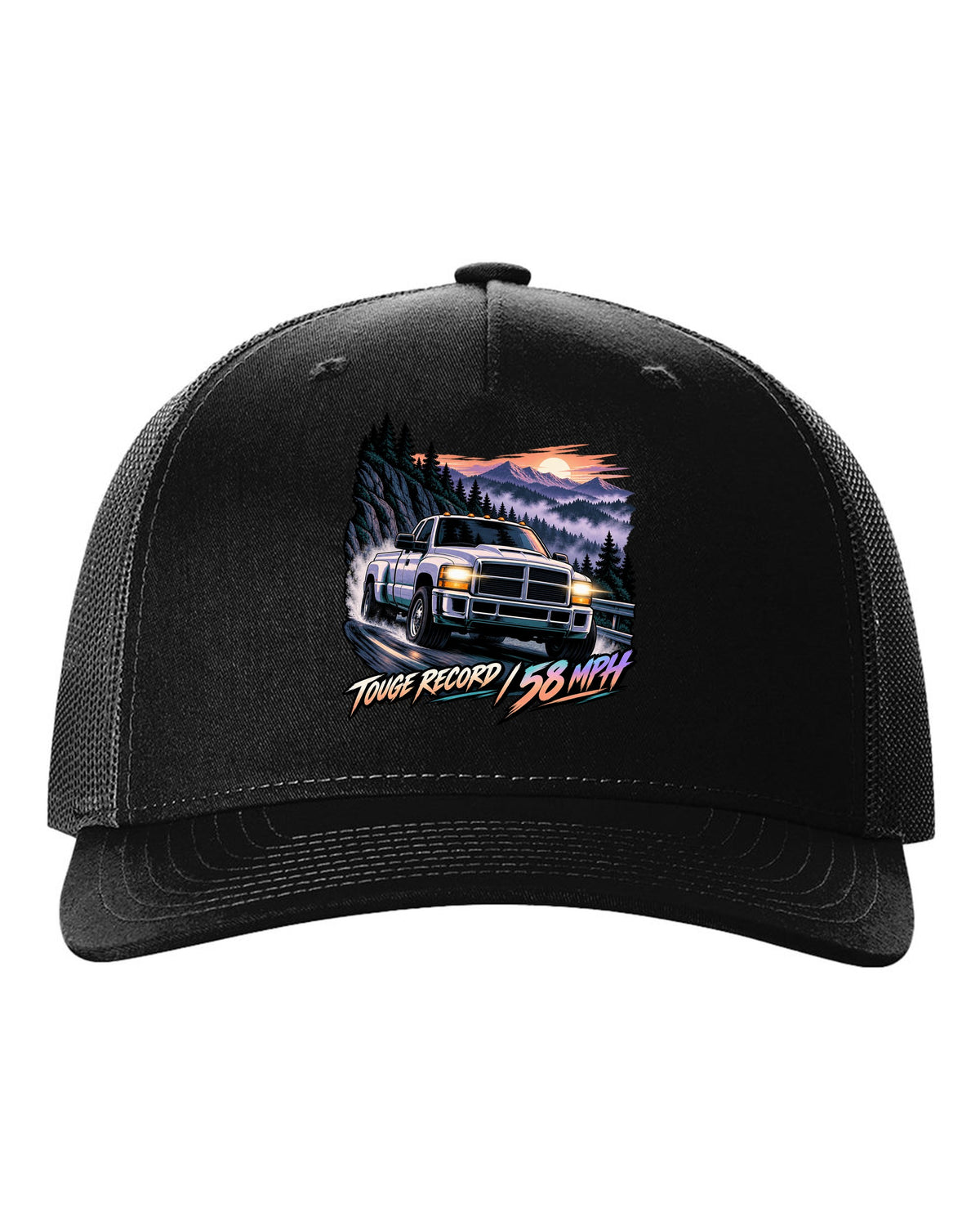 Cel-shaded anime night touge print of a 1994-1998 Dodge Ram 2500 12V Cummins black hat front view with the design