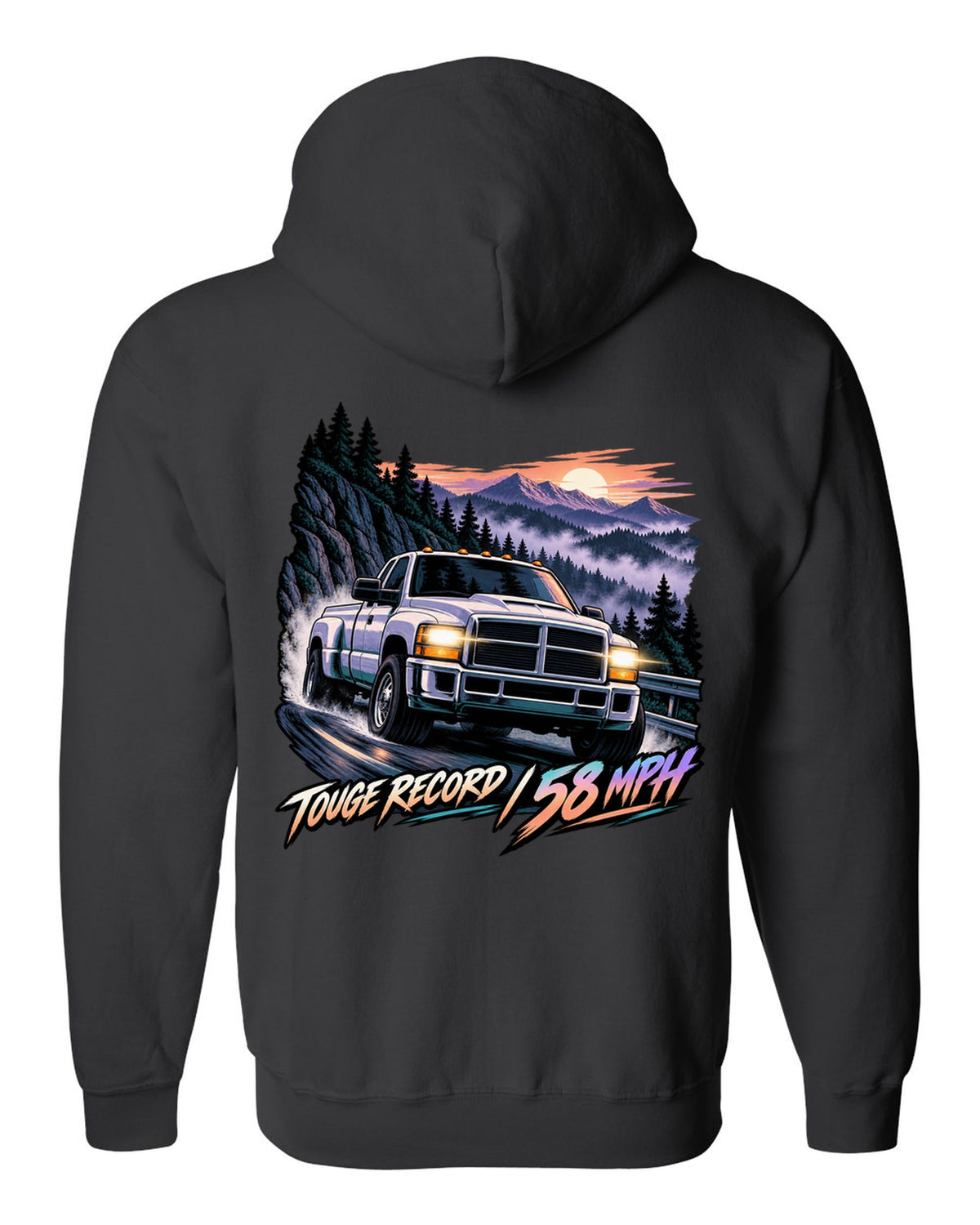 Cel-shaded anime night touge print of a 1994-1998 Dodge Ram 2500 12V Cummins black zip hoodie back view with the design