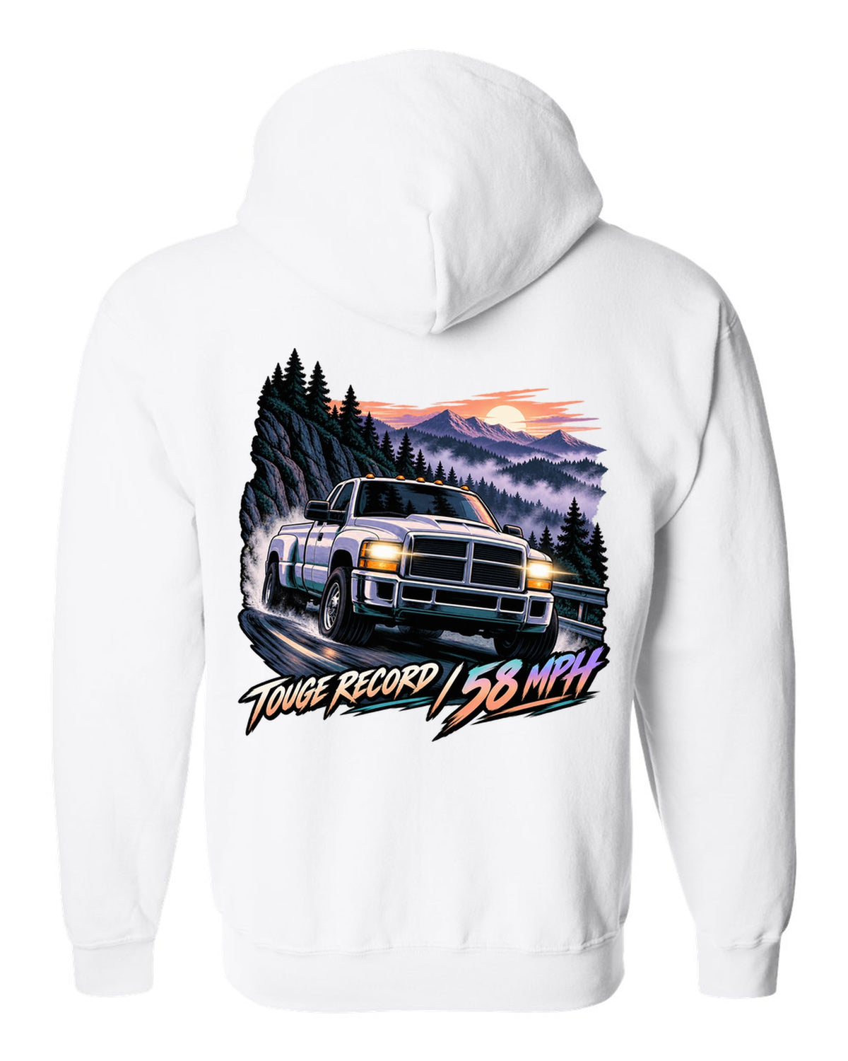 Cel-shaded anime night touge print of a 1994-1998 Dodge Ram 2500 12V Cummins white zip hoodie back view with the design