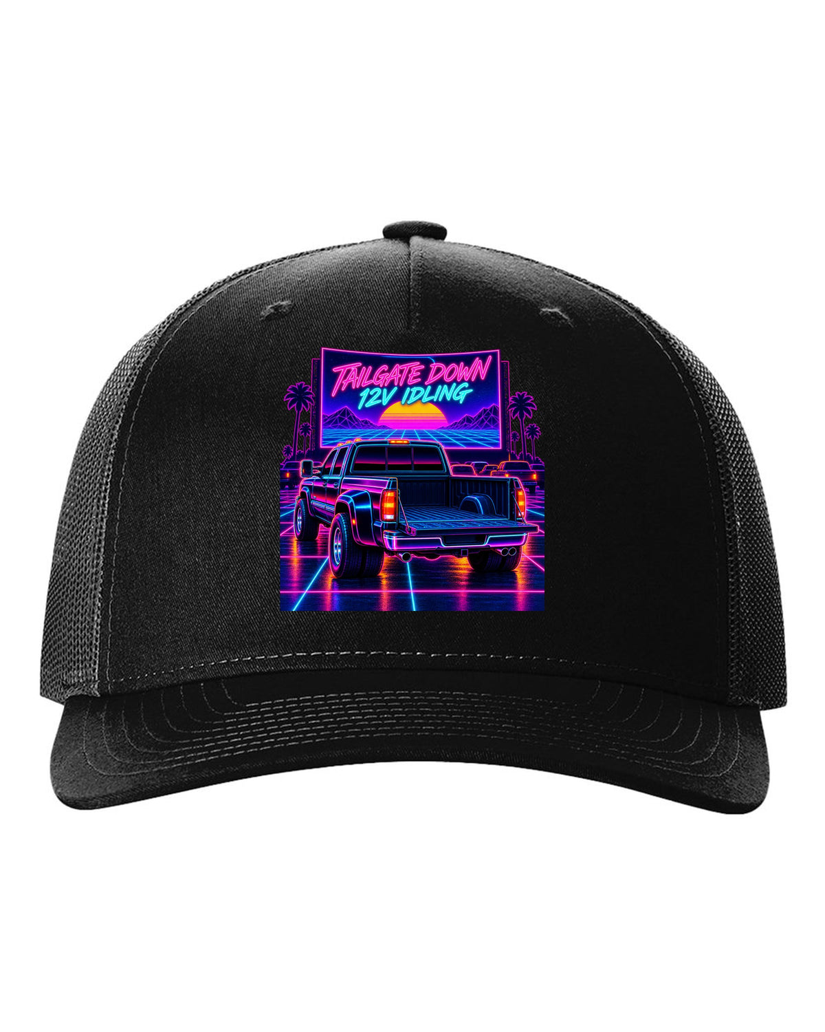 Neon synthwave drive-in print of a 1994-1998 Dodge Ram 2500 12V Cummins with tailgate down black hat front view with the design