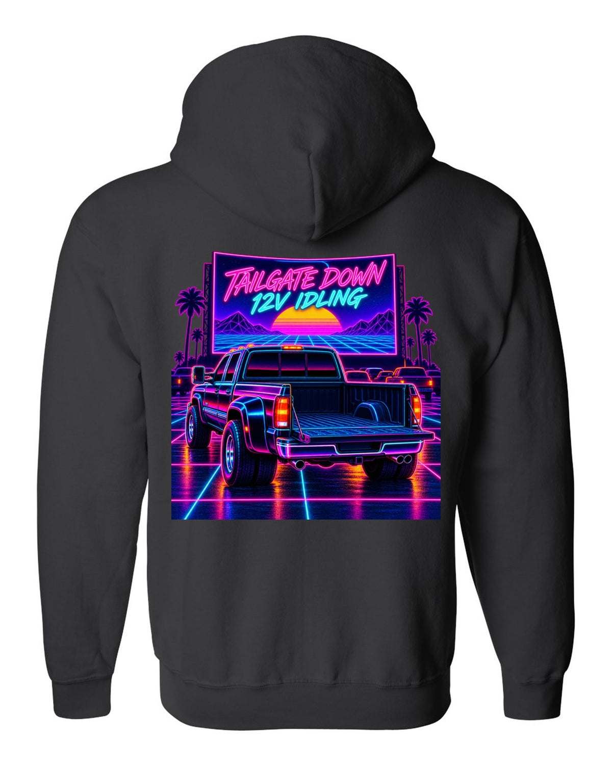 Neon synthwave drive-in print of a 1994-1998 Dodge Ram 2500 12V Cummins with tailgate down black zip hoodie back view with the design