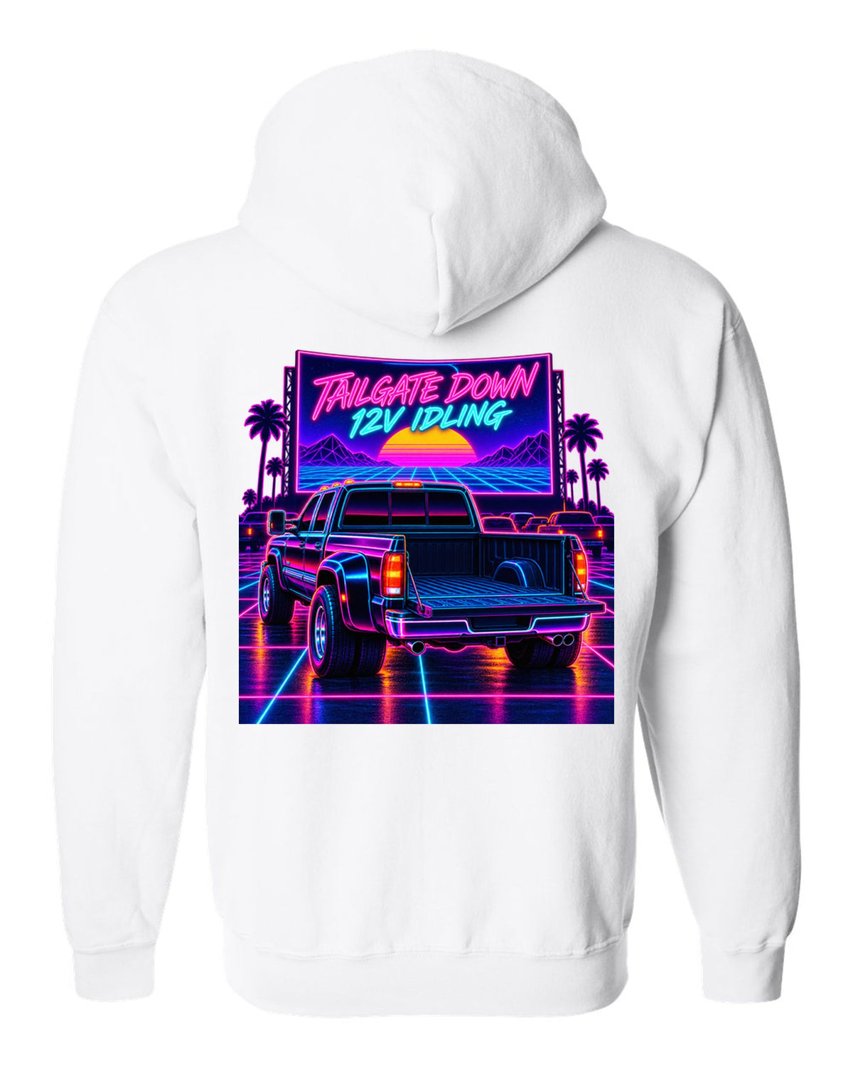 Neon synthwave drive-in print of a 1994-1998 Dodge Ram 2500 12V Cummins with tailgate down white zip hoodie back view with the design
