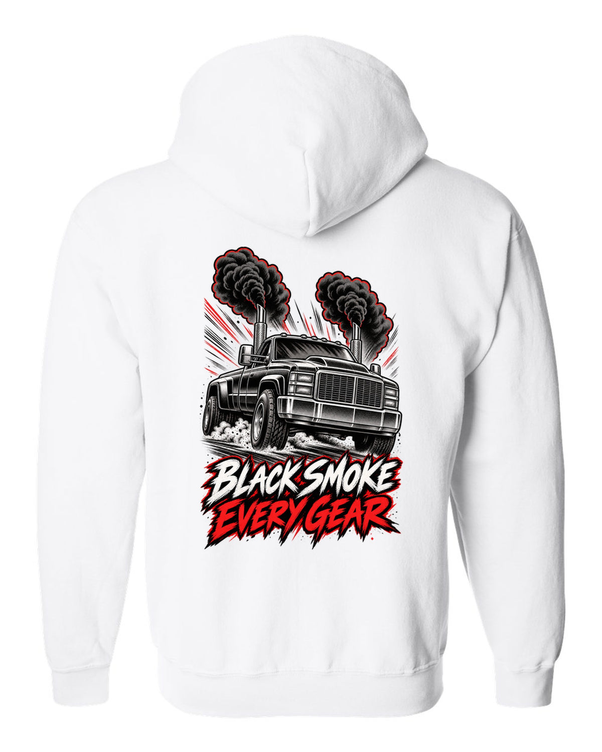 Retro manga halftone panel print of a 1994-1998 Dodge Ram 2500 12V Cummins with black smoke white zip hoodie back view with the design
