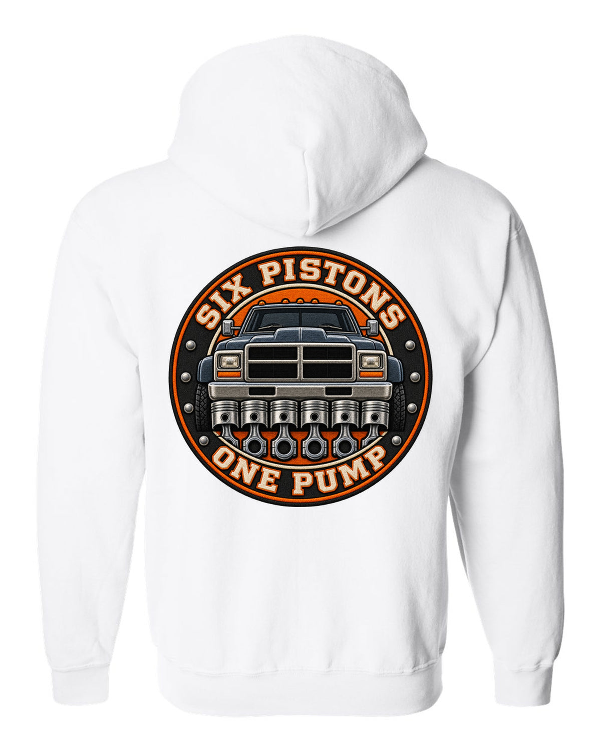 Round varsity crest print for a 1994-1998 Dodge Ram 2500 12V Cummins white zip hoodie back view with the design