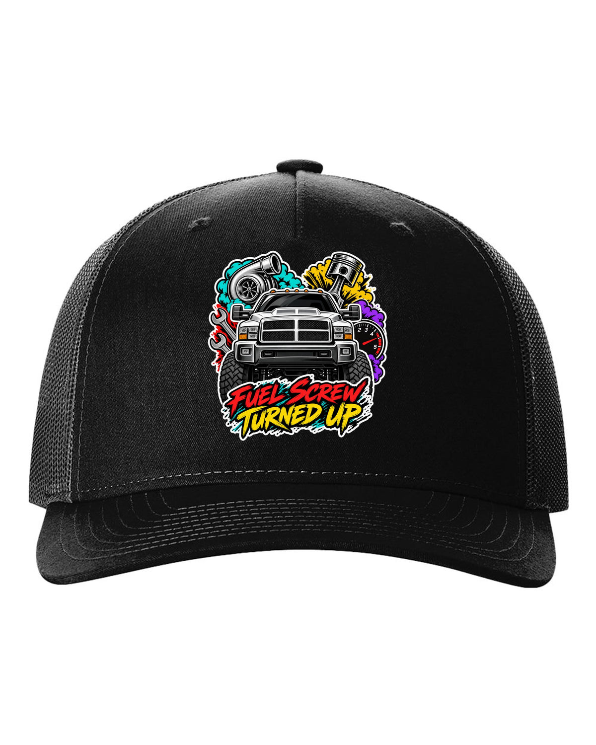 Sticker-bomb collage print of a 1994-1998 Dodge Ram 2500 12V Cummins with fuel screw text black hat front view with the design
