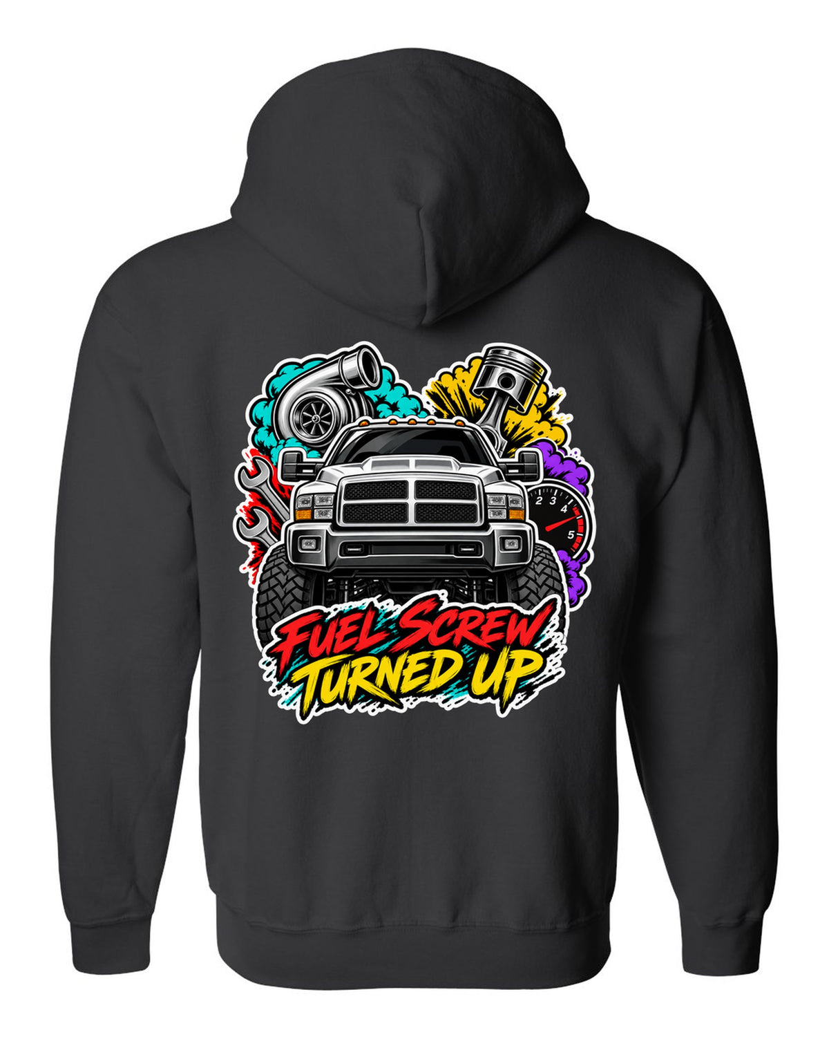 Sticker-bomb collage print of a 1994-1998 Dodge Ram 2500 12V Cummins with fuel screw text black zip hoodie back view with the design