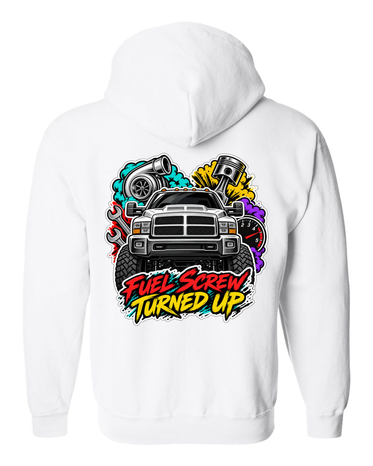 Sticker-bomb collage print of a 1994-1998 Dodge Ram 2500 12V Cummins with fuel screw text white zip hoodie back view with the design