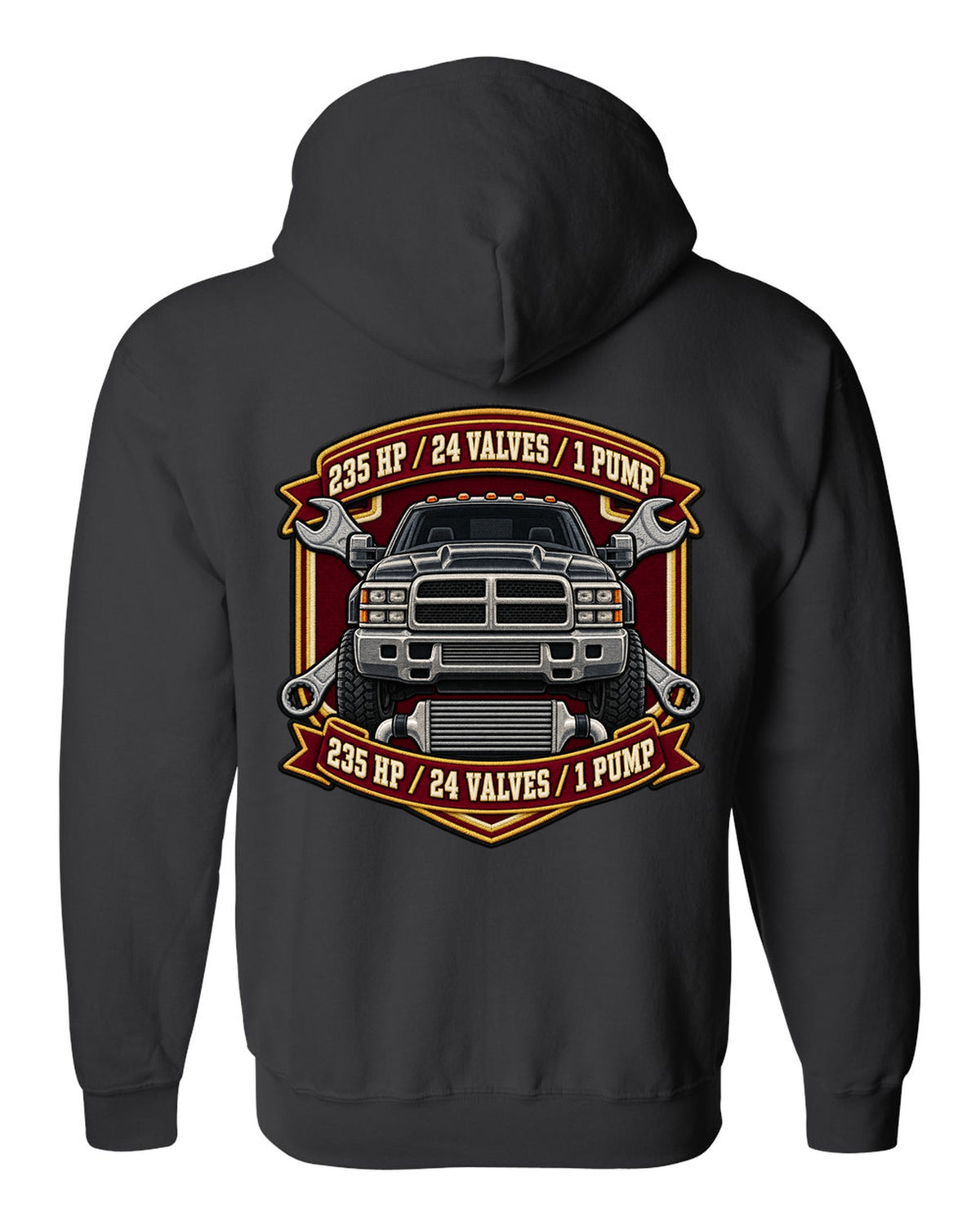 Varsity crest print for the 1998.5-2002 Dodge Ram 2500 24V Cummins with 235 HP, 24 valves, 1 pump black zip hoodie back view with the design