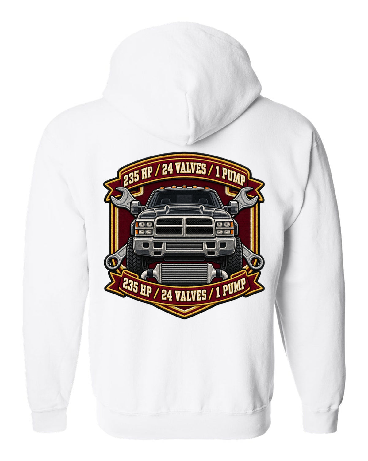 Varsity crest print for the 1998.5-2002 Dodge Ram 2500 24V Cummins with 235 HP, 24 valves, 1 pump white zip hoodie back view with the design