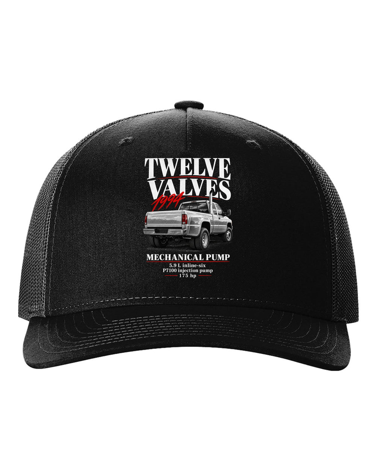 Editorial print of a 1994-98 Dodge Ram 2500 2nd gen 12-valve in a rear three-quarter view black hat front view with the design