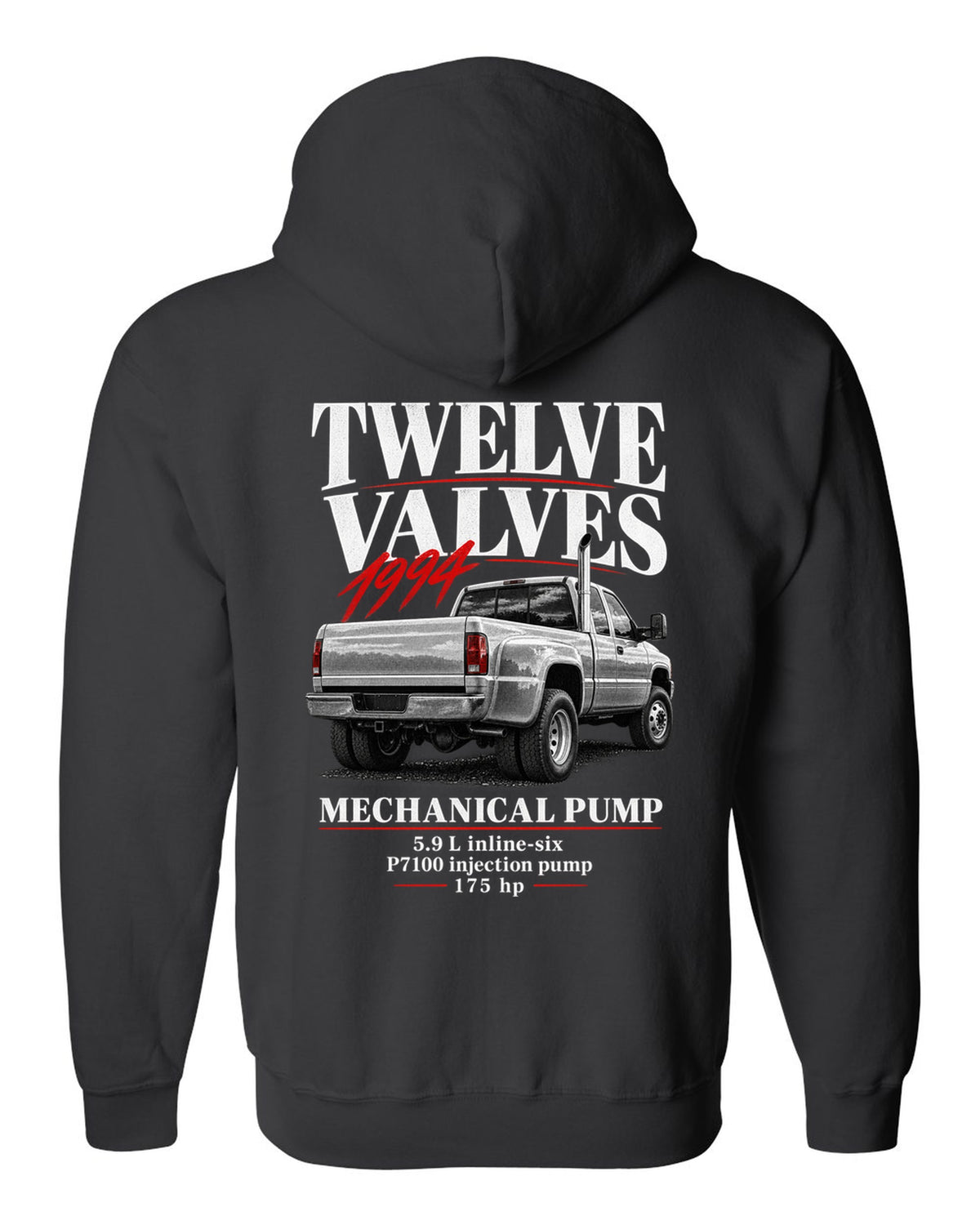 Editorial print of a 1994-98 Dodge Ram 2500 2nd gen 12-valve in a rear three-quarter view black zip hoodie back view with the design