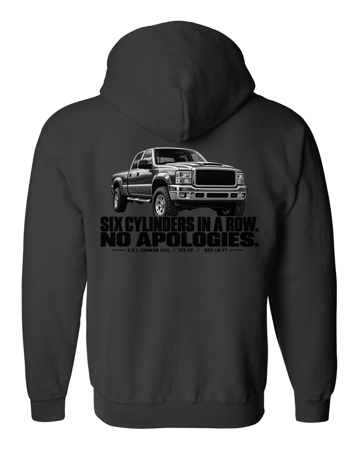 Halftone print of a 2003-09 Dodge Ram 2500 3rd gen in a front three-quarter view black zip hoodie back view with the design