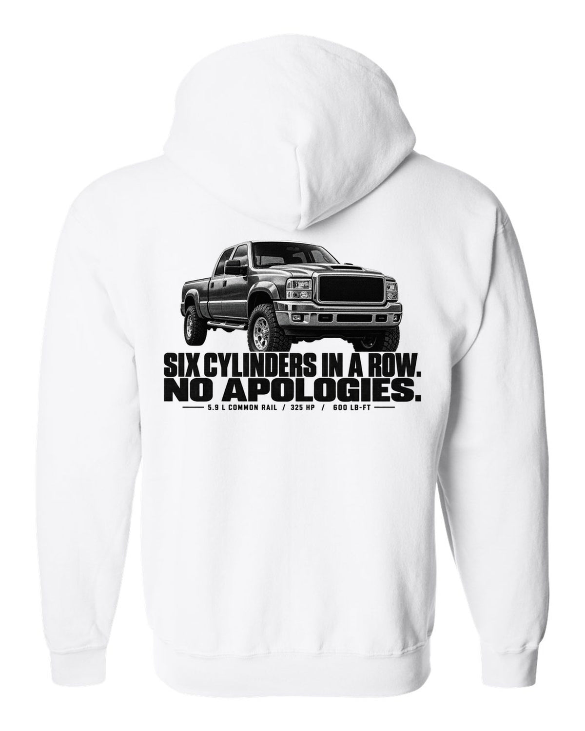 Halftone print of a 2003-09 Dodge Ram 2500 3rd gen in a front three-quarter view white zip hoodie back view with the design
