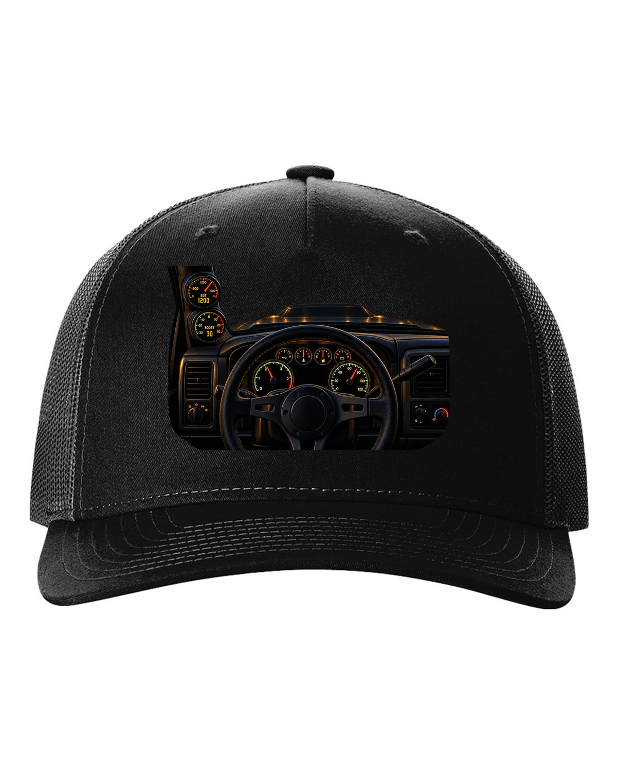 Dyno chart gauge cluster print showing EGT and boost for a Dodge Ram 2500 Cummins black hat front view with the design