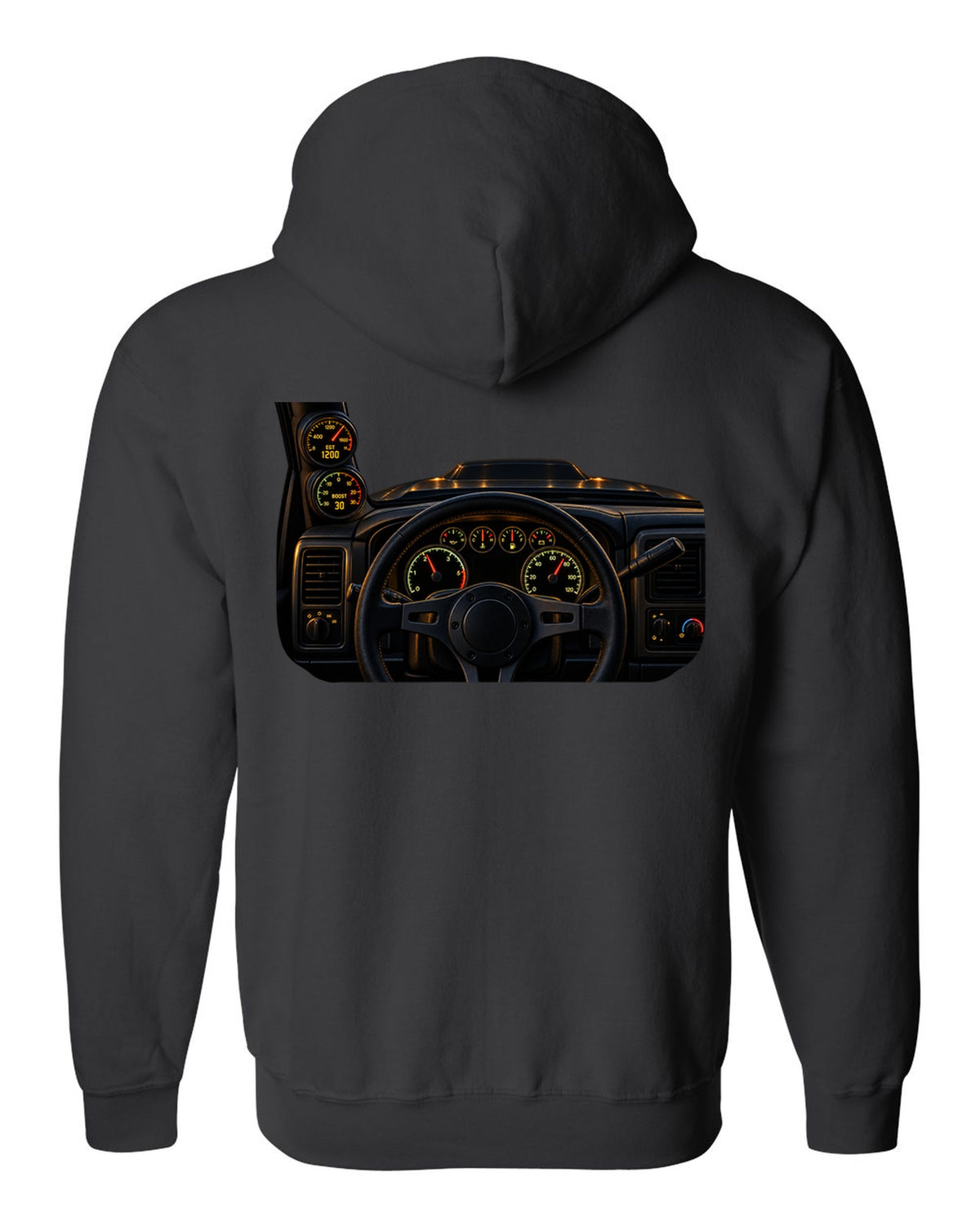 Dyno chart gauge cluster print showing EGT and boost for a Dodge Ram 2500 Cummins black zip hoodie back view with the design