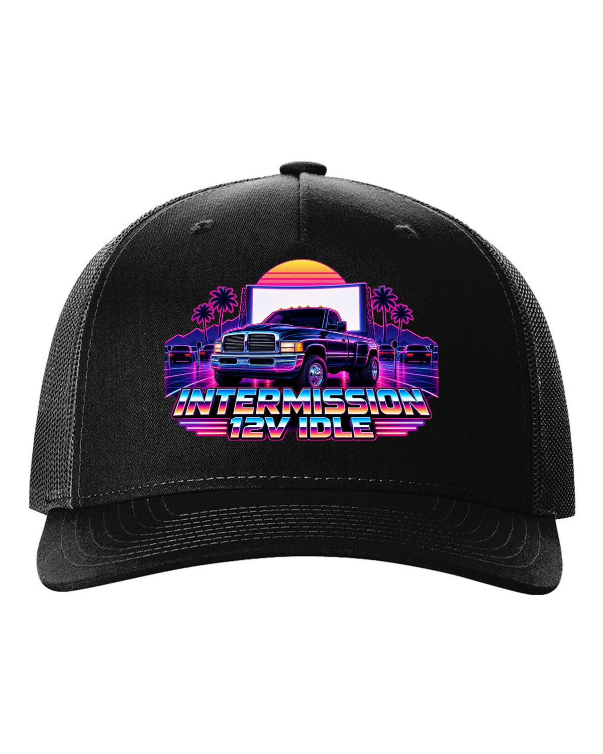 Neon synthwave grid print of a 1994-1998 Dodge Ram 2nd gen 12V with intermission 12V idle text black hat front view with the design