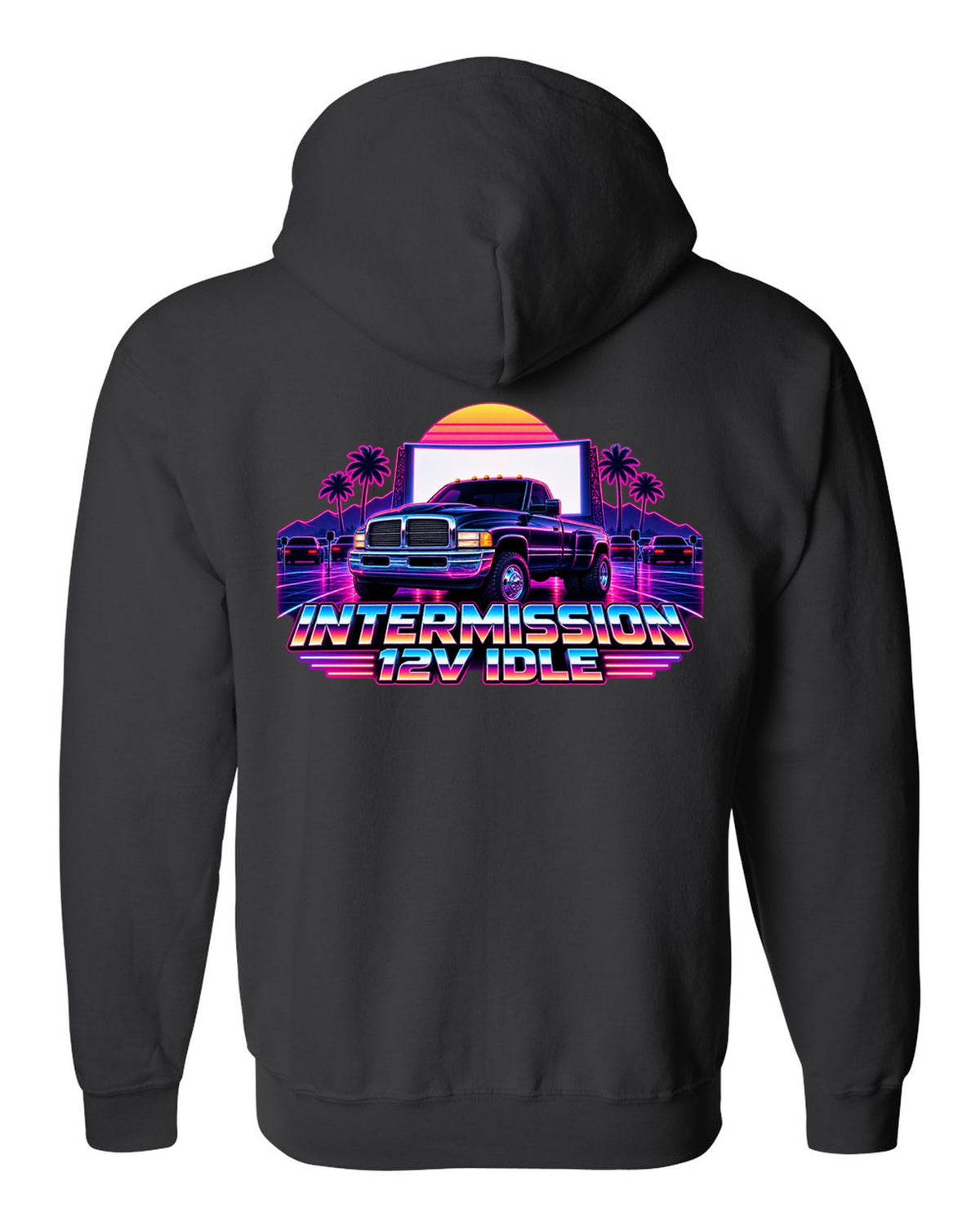 Neon synthwave grid print of a 1994-1998 Dodge Ram 2nd gen 12V with intermission 12V idle text black zip hoodie back view with the design