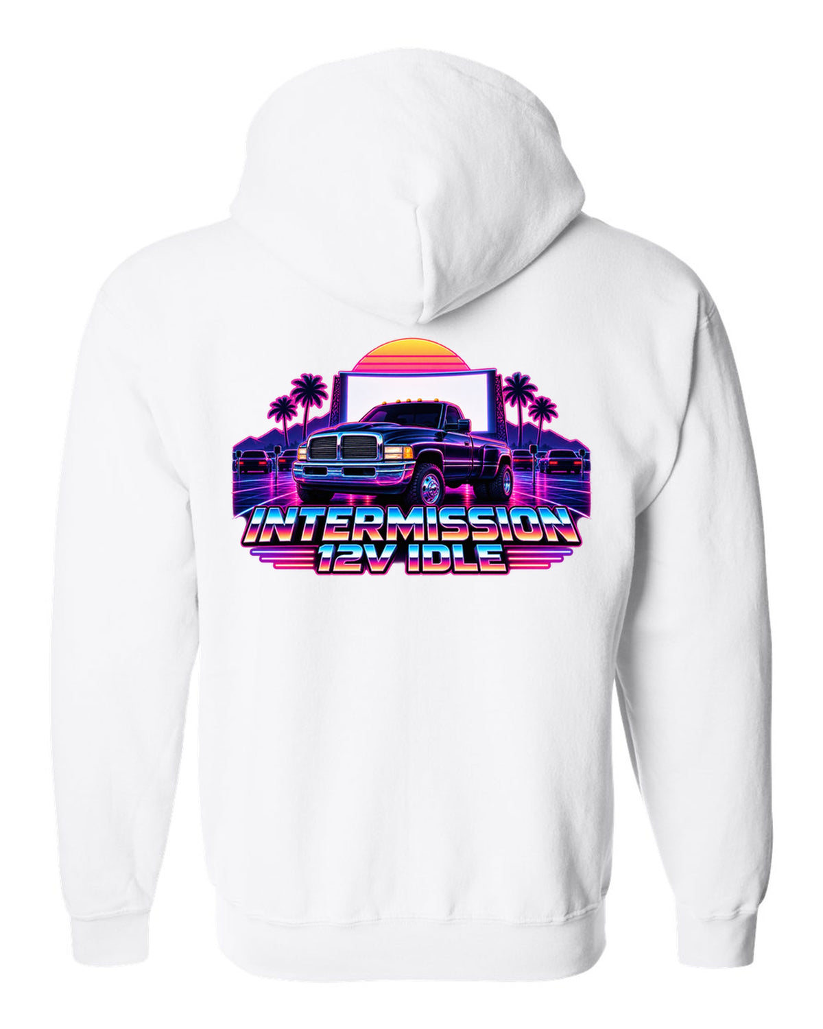 Neon synthwave grid print of a 1994-1998 Dodge Ram 2nd gen 12V with intermission 12V idle text white zip hoodie back view with the design