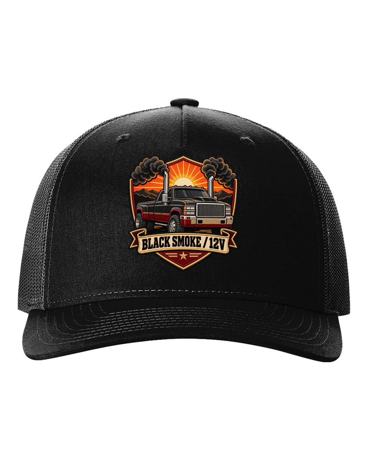 Varsity crest print of a 1994-1998 Dodge Ram 2nd gen with twin chrome smoke stacks and 12V text black hat front view with the design