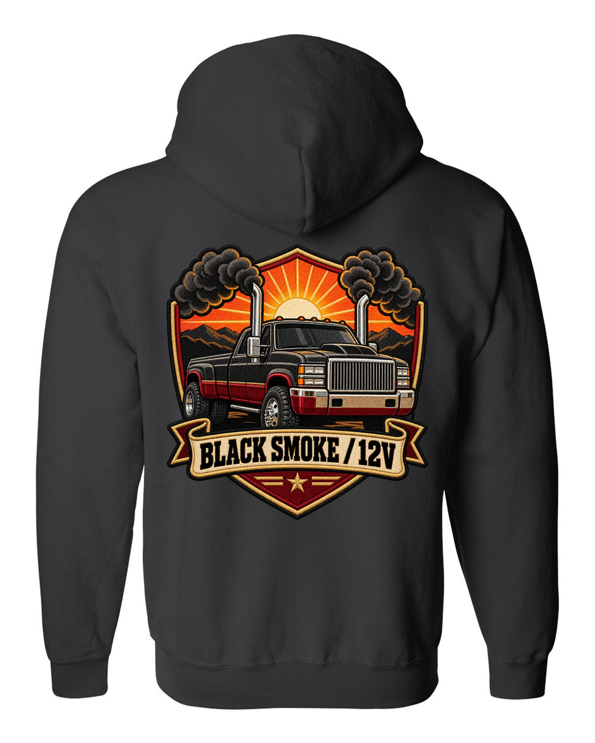 Varsity crest print of a 1994-1998 Dodge Ram 2nd gen with twin chrome smoke stacks and 12V text black zip hoodie back view with the design