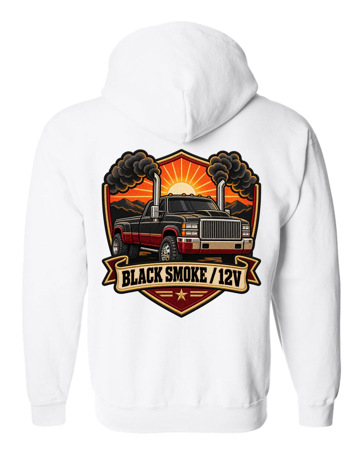 Varsity crest print of a 1994-1998 Dodge Ram 2nd gen with twin chrome smoke stacks and 12V text white zip hoodie back view with the design
