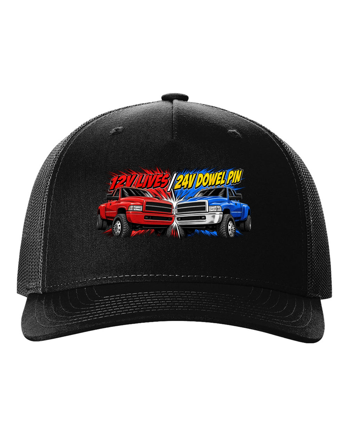 Retro manga halftone print of two Dodge Ram 2nd gen trucks with 12V lives and 24V dowel pin text black hat front view with the design