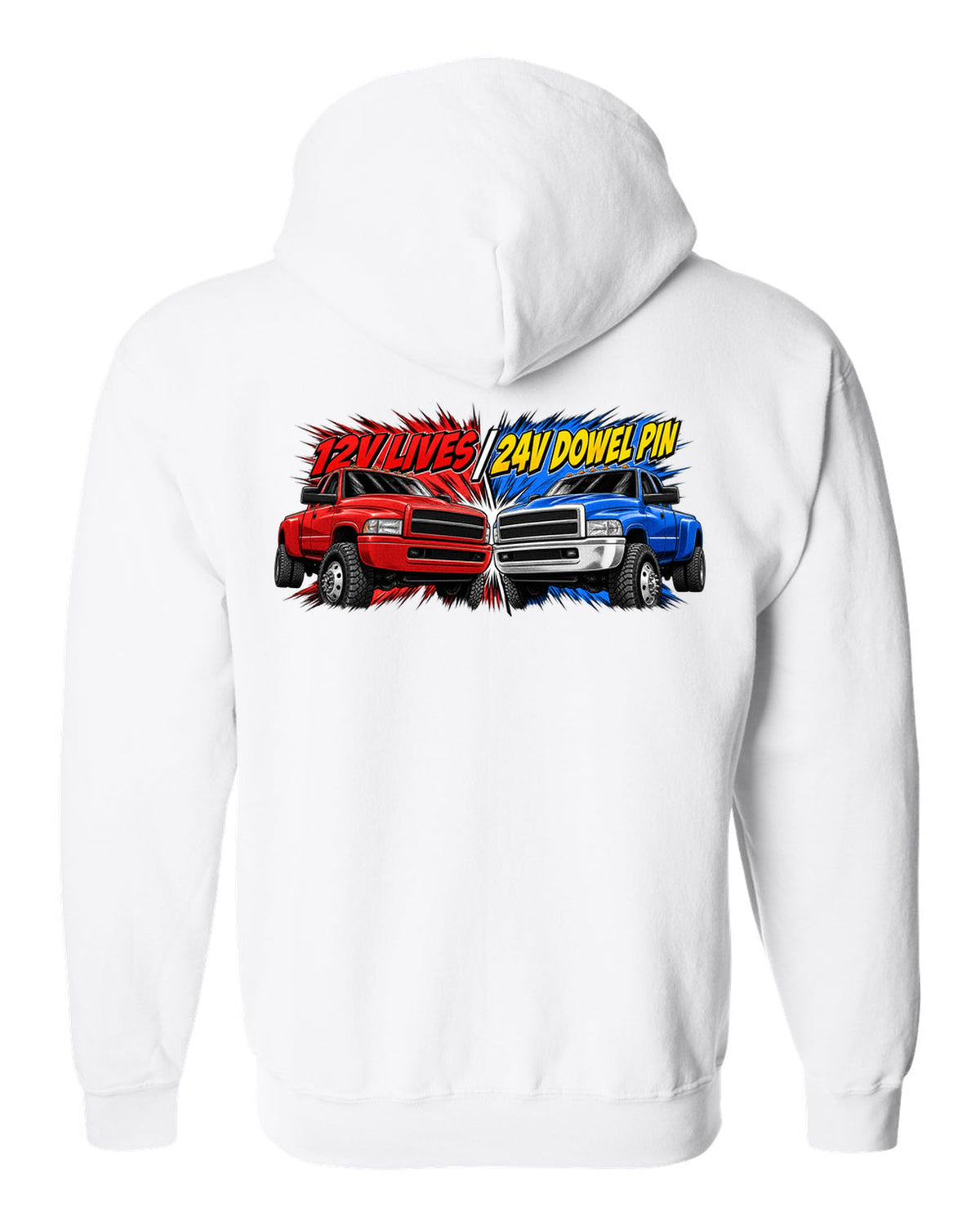 Retro manga halftone print of two Dodge Ram 2nd gen trucks with 12V lives and 24V dowel pin text white zip hoodie back view with the design