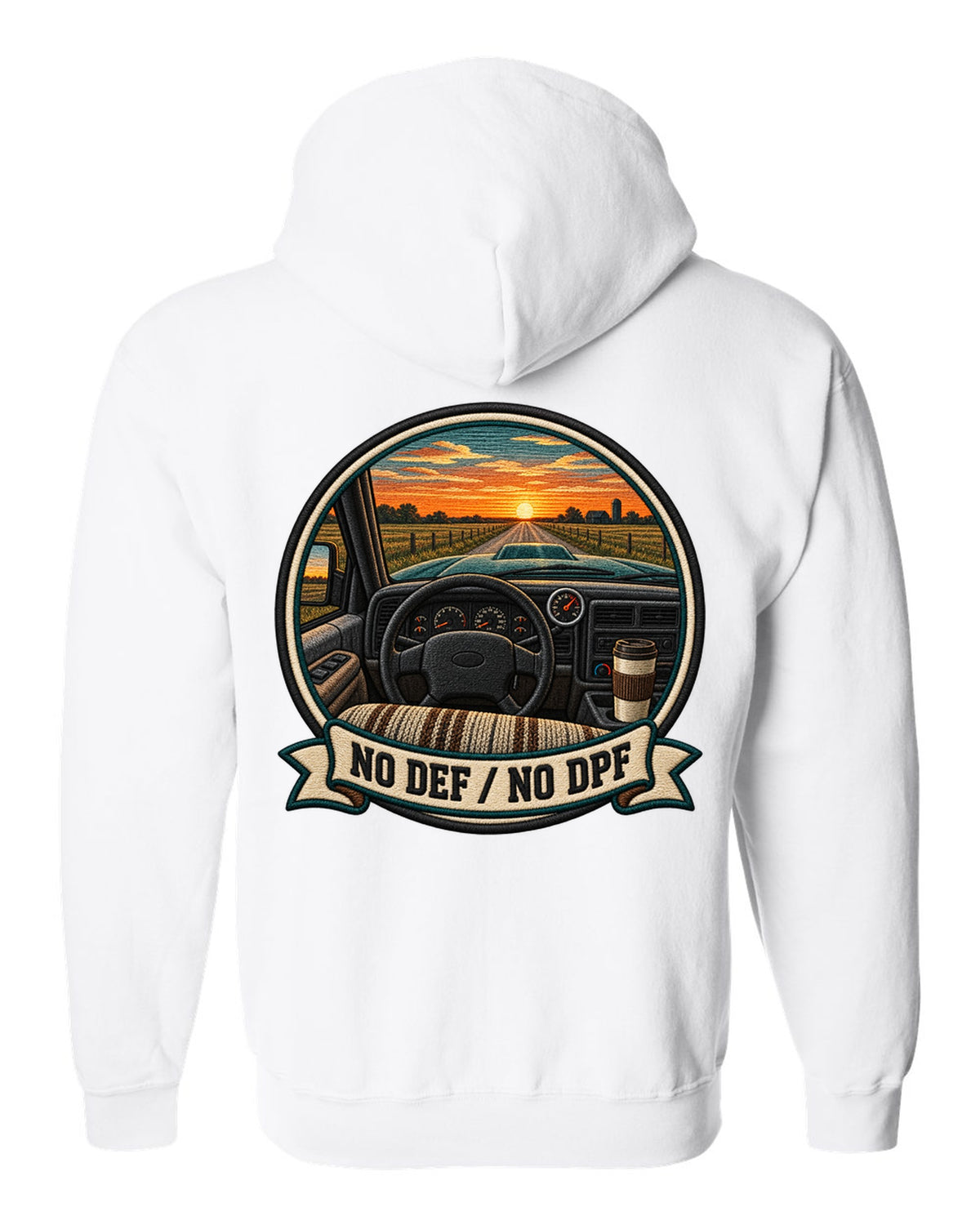Varsity crest design of a 1998.5-2002 Dodge Ram 2nd gen 24V cab interior with the words No DEF No DPF white zip hoodie back view with the design