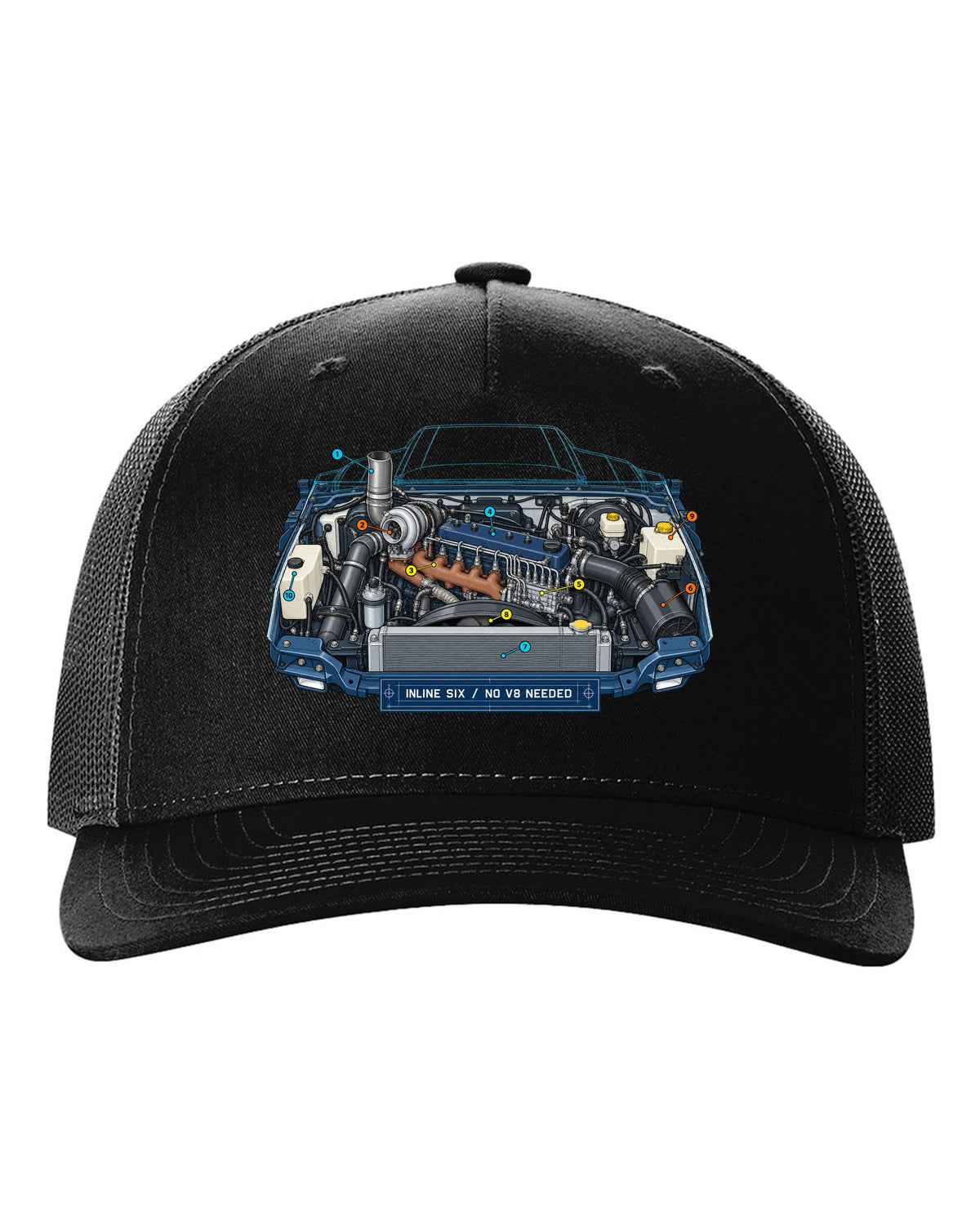 Blueprint-style print of a 1994-1998 Dodge Ram 2nd gen 5.9 inline-six diesel engine bay black hat front view with the design