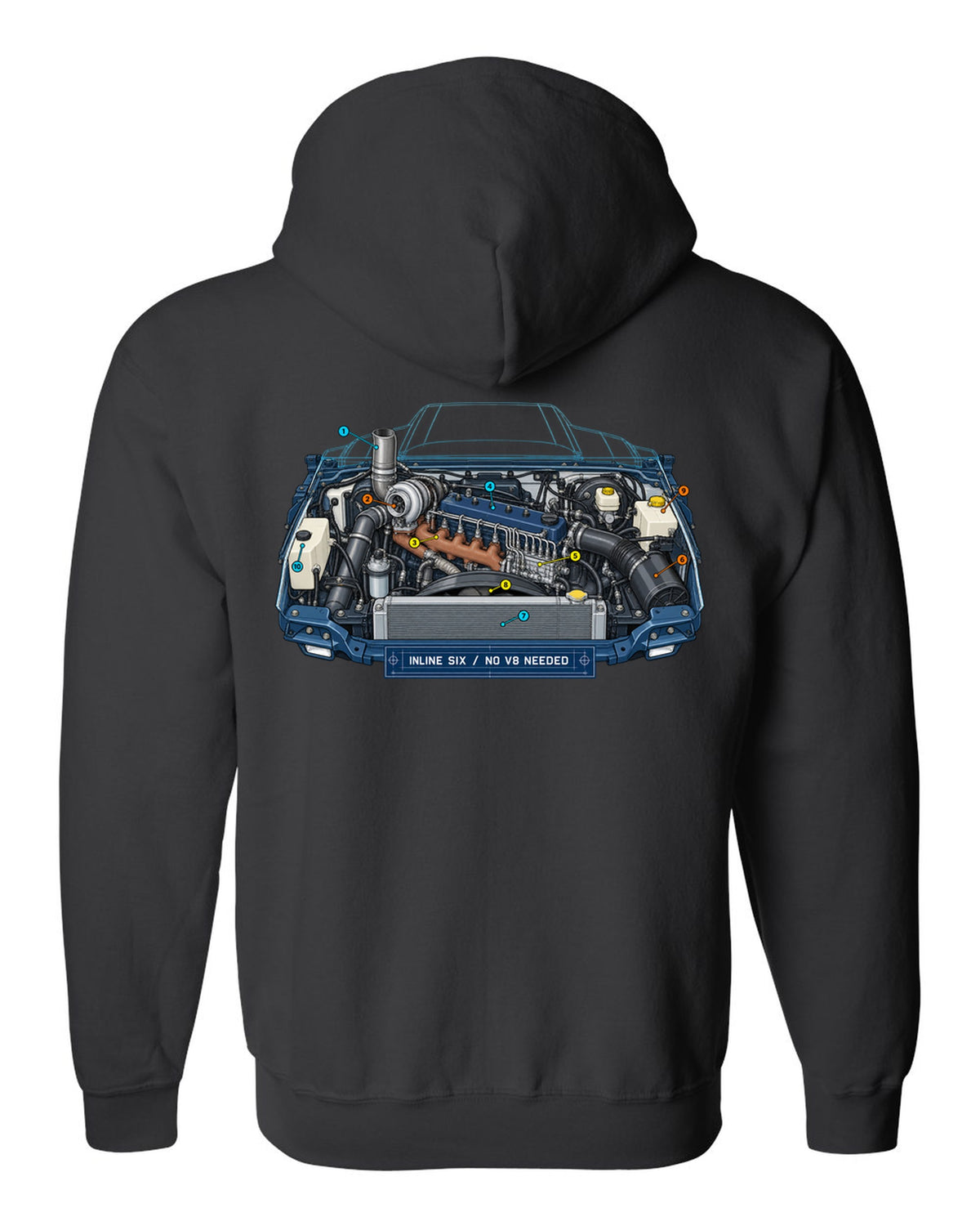 Blueprint-style print of a 1994-1998 Dodge Ram 2nd gen 5.9 inline-six diesel engine bay black zip hoodie back view with the design