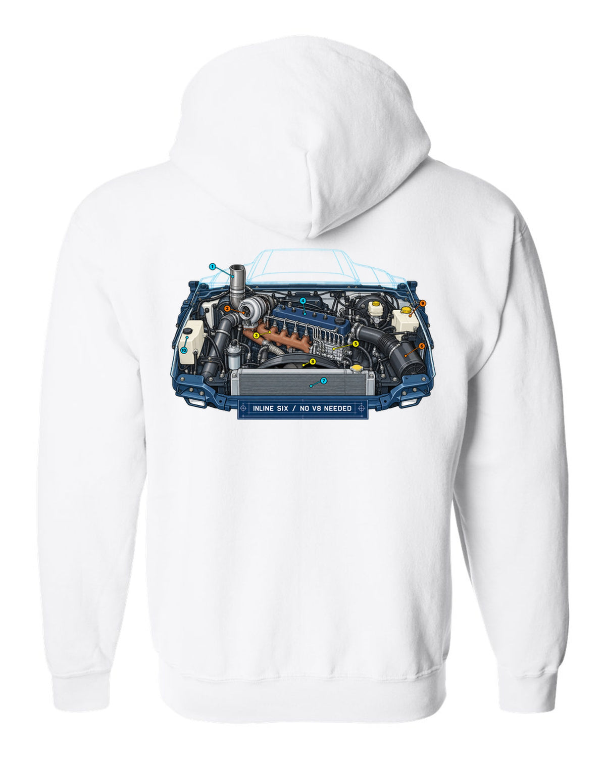 Blueprint-style print of a 1994-1998 Dodge Ram 2nd gen 5.9 inline-six diesel engine bay white zip hoodie back view with the design