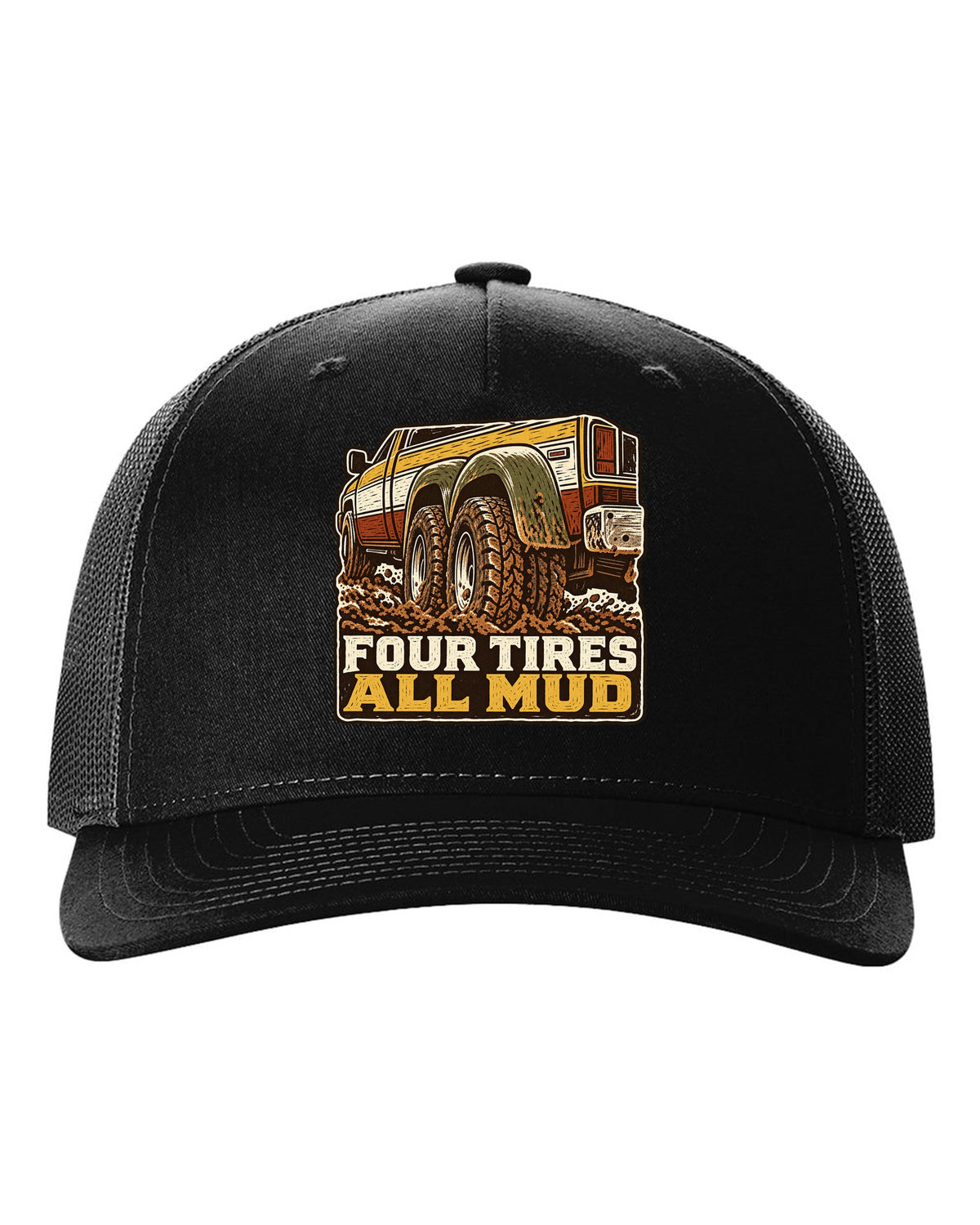 Linocut print of a 1994-1998 Dodge Ram 2nd gen dually in mud with four tires all mud text black hat front view with the design