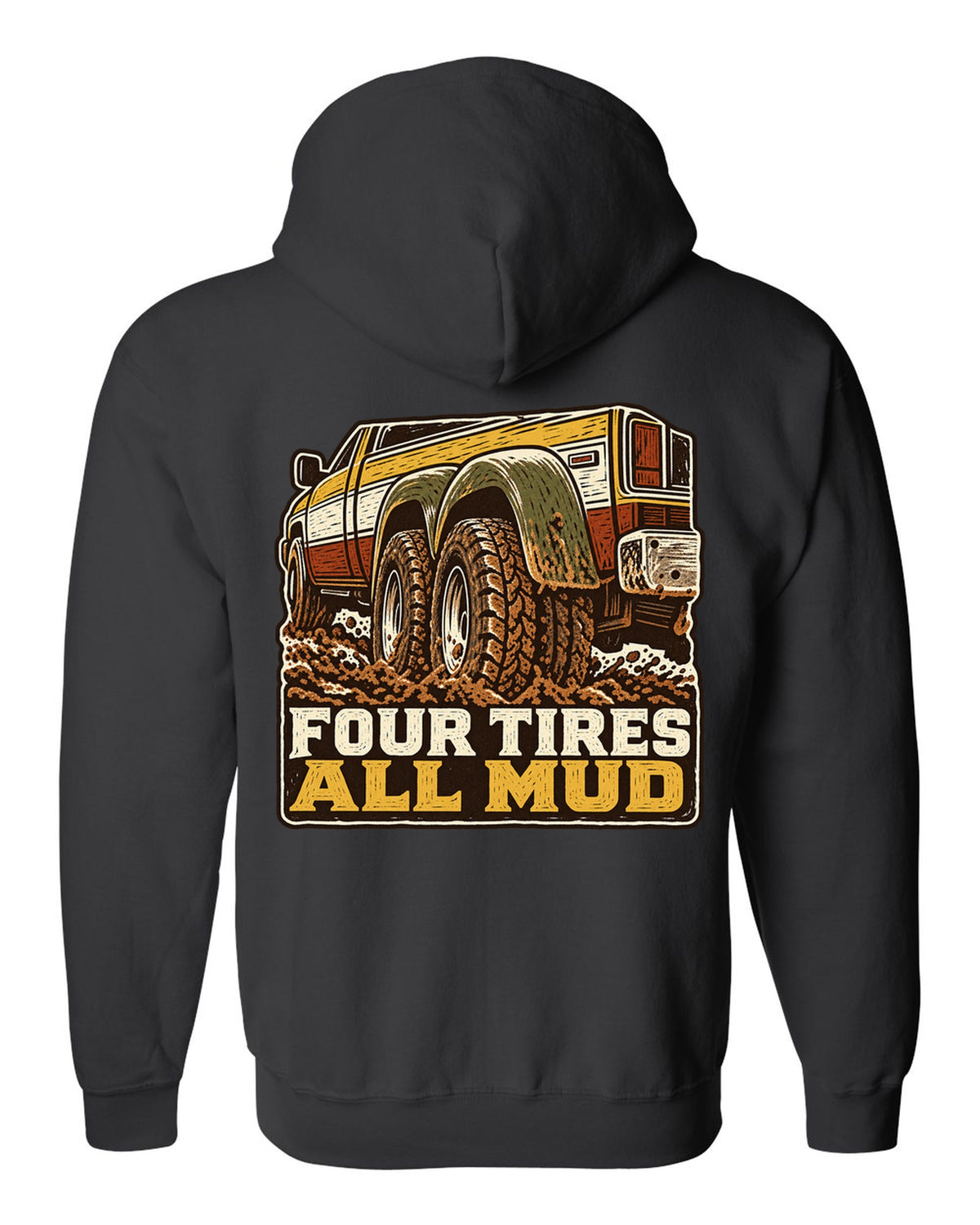 Linocut print of a 1994-1998 Dodge Ram 2nd gen dually in mud with four tires all mud text black zip hoodie back view with the design