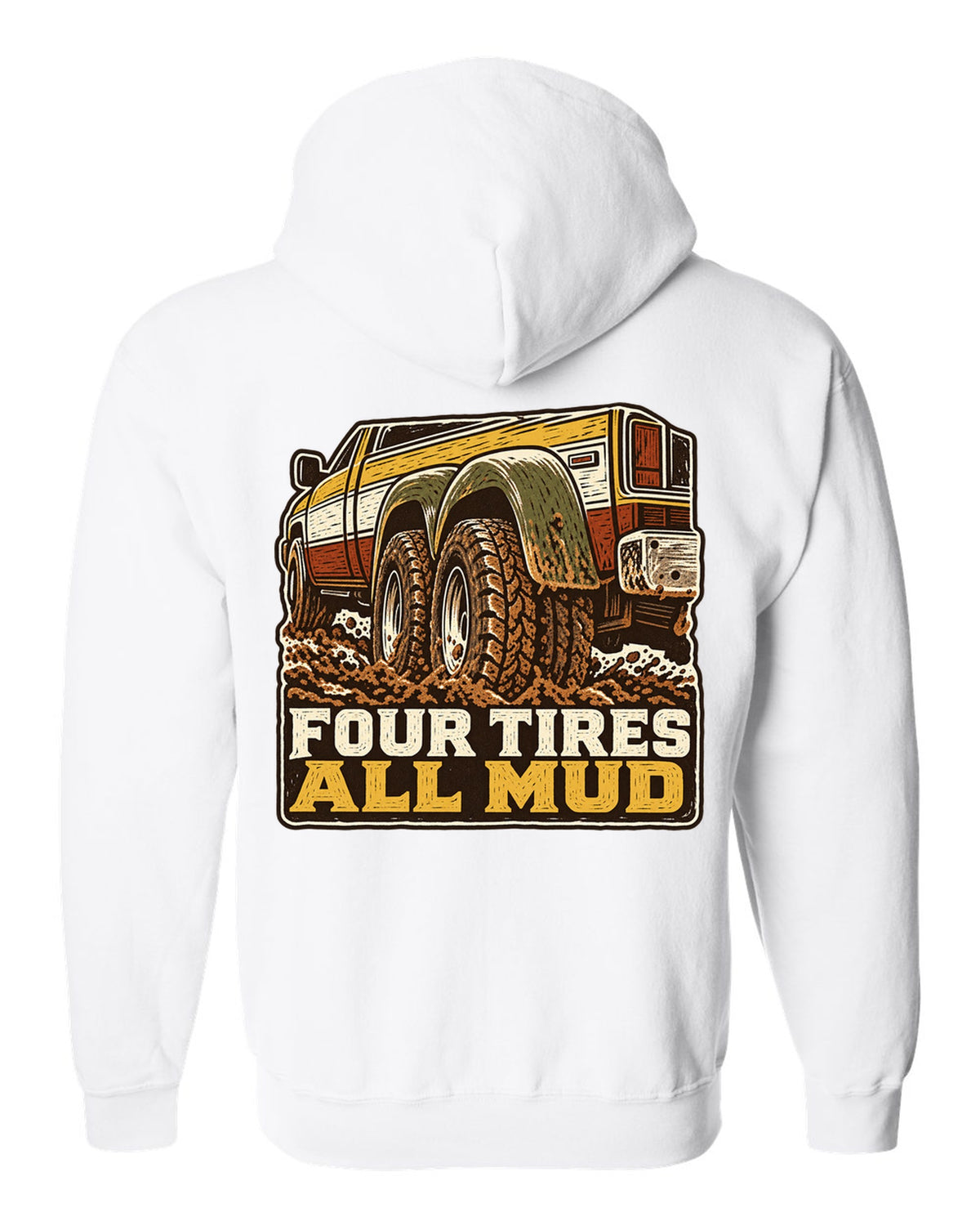 Linocut print of a 1994-1998 Dodge Ram 2nd gen dually in mud with four tires all mud text white zip hoodie back view with the design