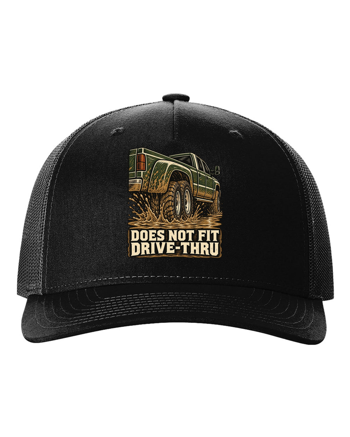 Woodcut print of a 1994-1998 Dodge Ram 3500 dually Cummins with drive-thru text black hat front view with the design