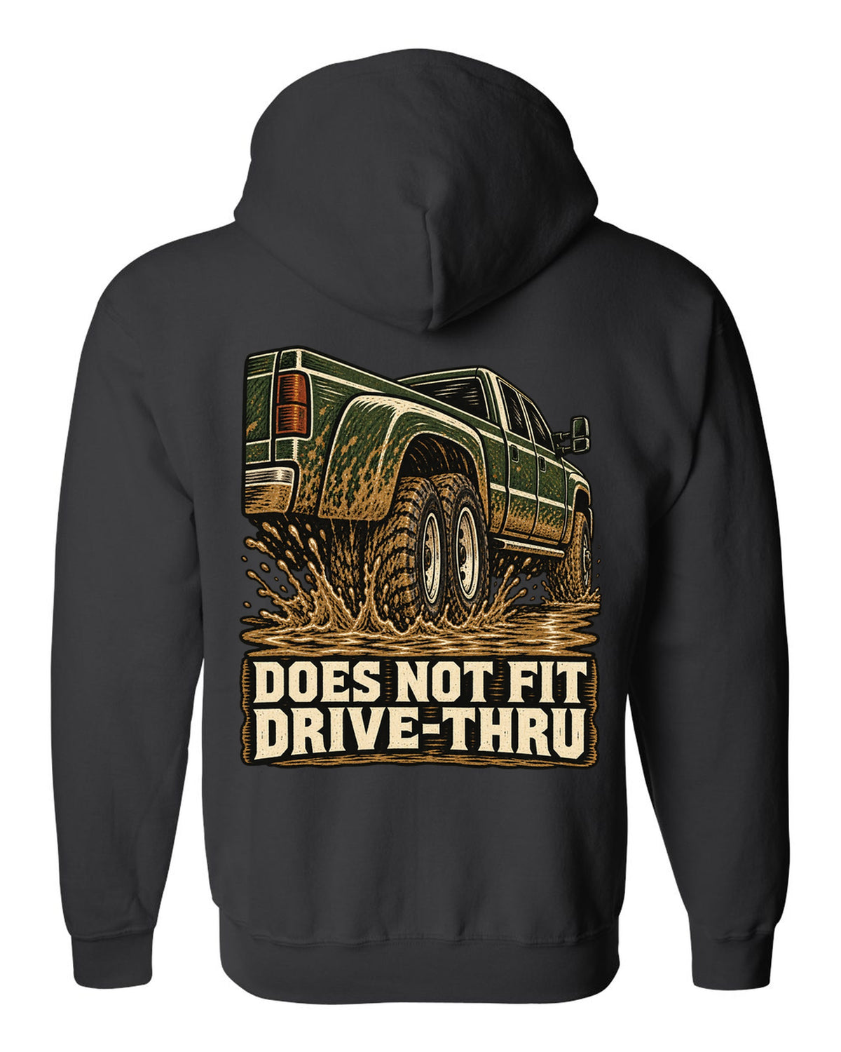Woodcut print of a 1994-1998 Dodge Ram 3500 dually Cummins with drive-thru text black zip hoodie back view with the design