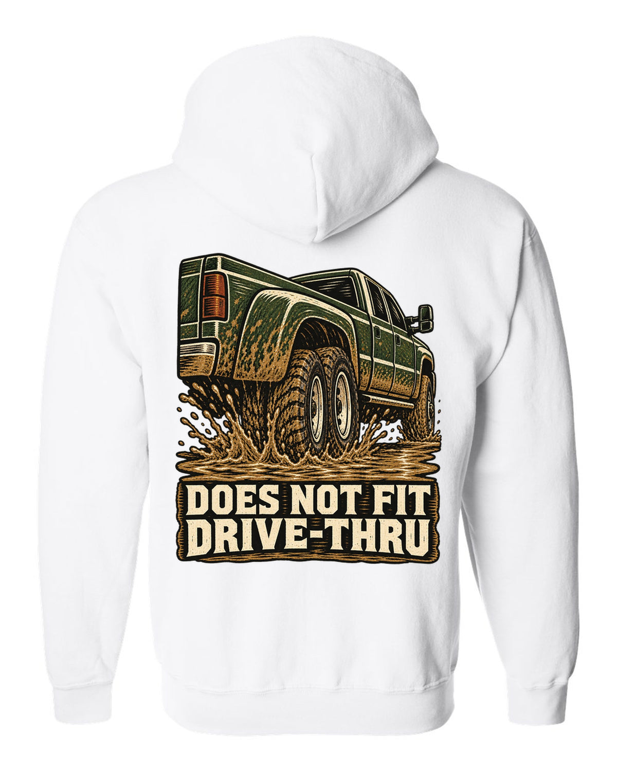 Woodcut print of a 1994-1998 Dodge Ram 3500 dually Cummins with drive-thru text white zip hoodie back view with the design