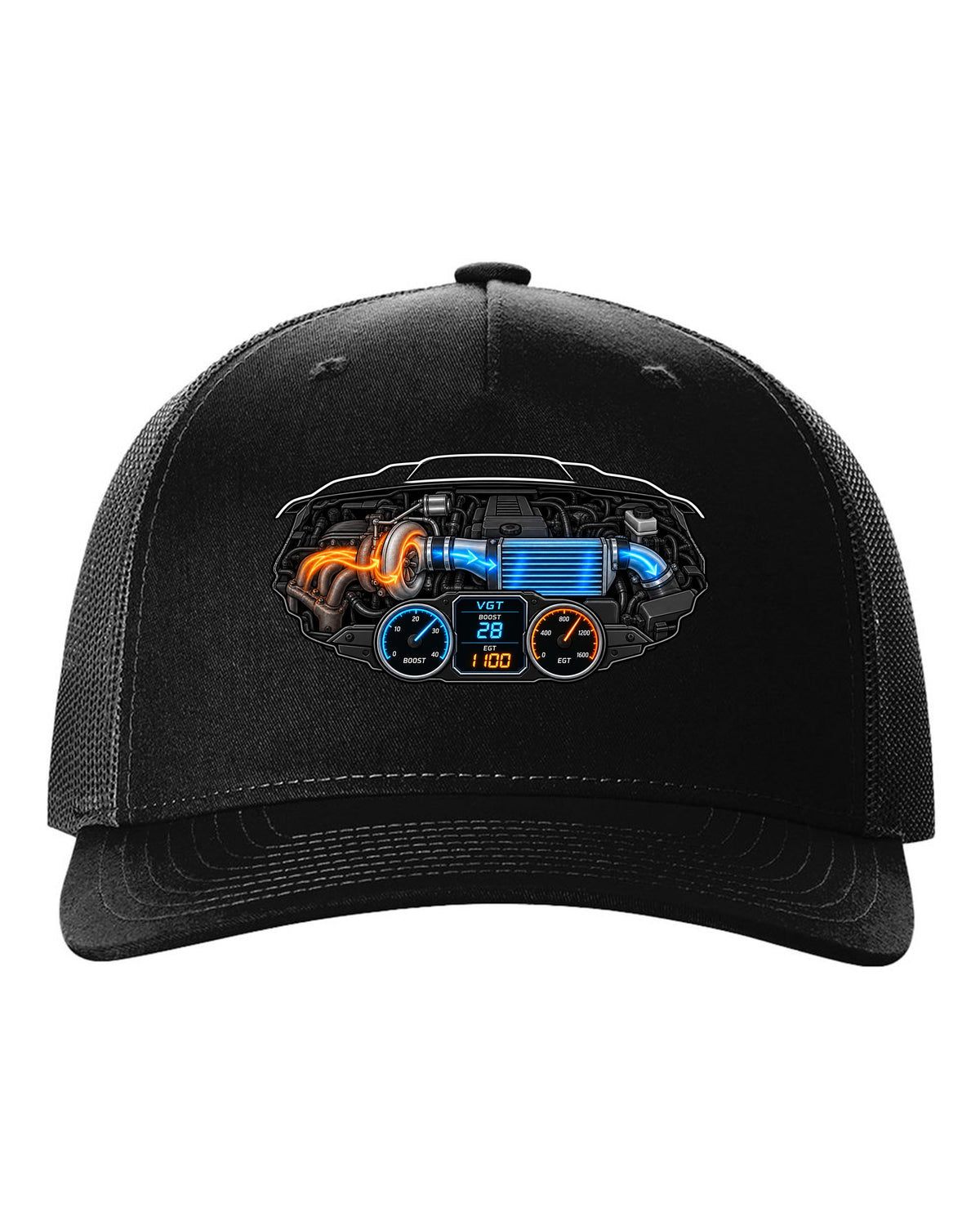 Gauge-cluster HUD print of a 2003-2009 Dodge Ram 3rd gen 5.9 compound turbo with VGT boost 28 EGT 1100 text black hat front view with the design