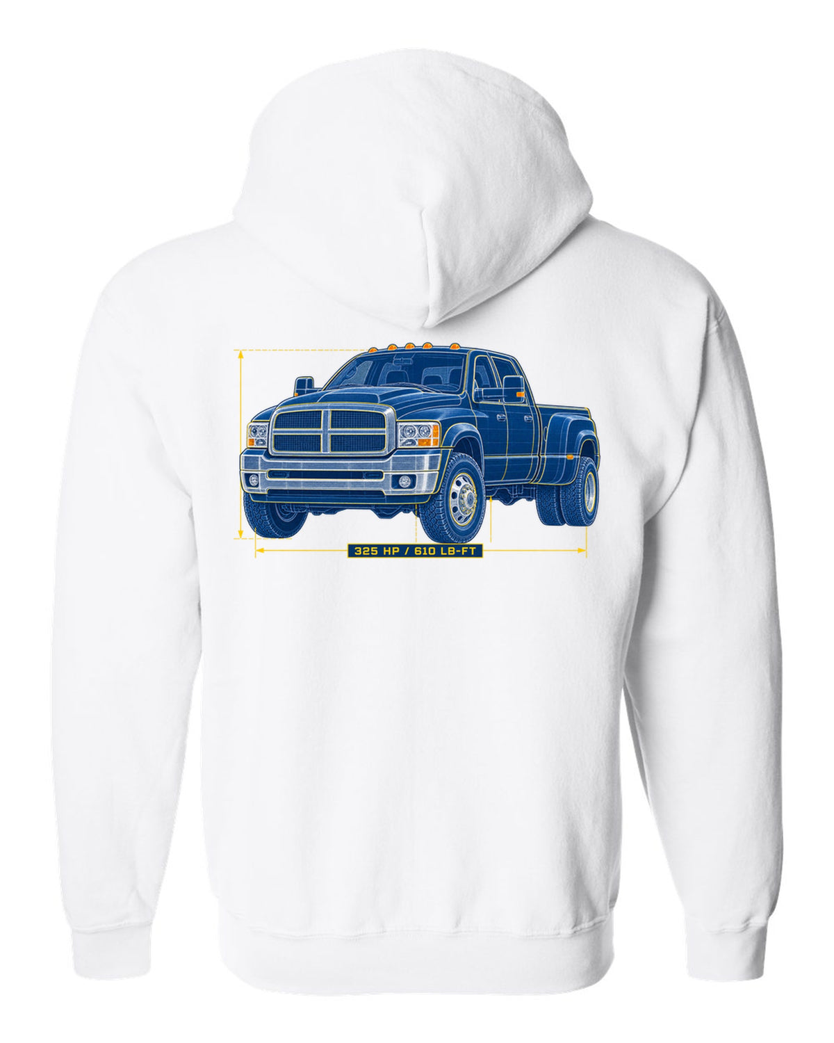 Cyanotype blueprint of a 2003-2009 Dodge Ram 3rd gen 5.9 HO with 325 HP and 610 LB-FT lettering white zip hoodie back view with the design