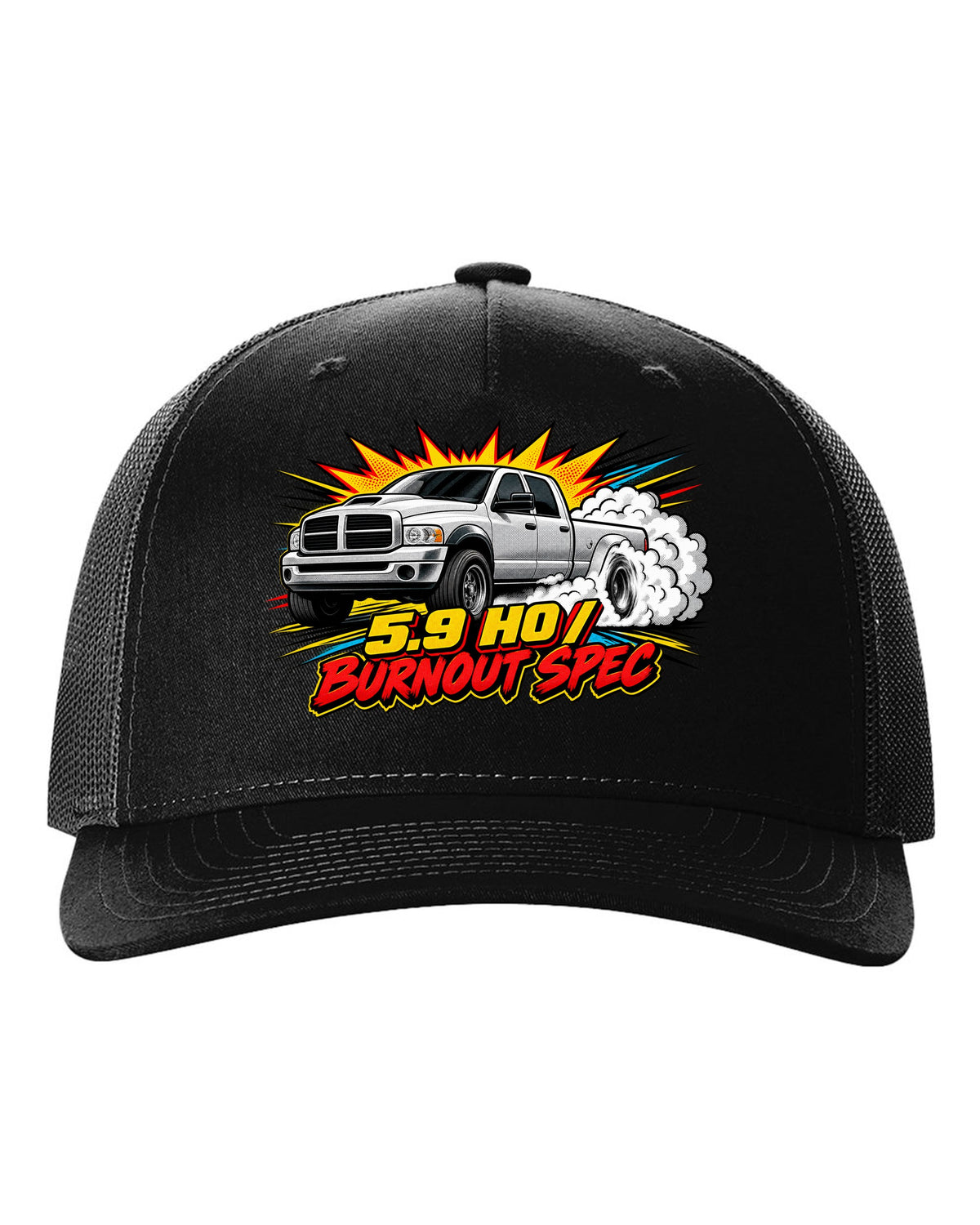 Comic halftone pop-art of a 2003-2009 Dodge Ram 3rd gen 5.9 HO with the words Burnout Spec black hat front view with the design