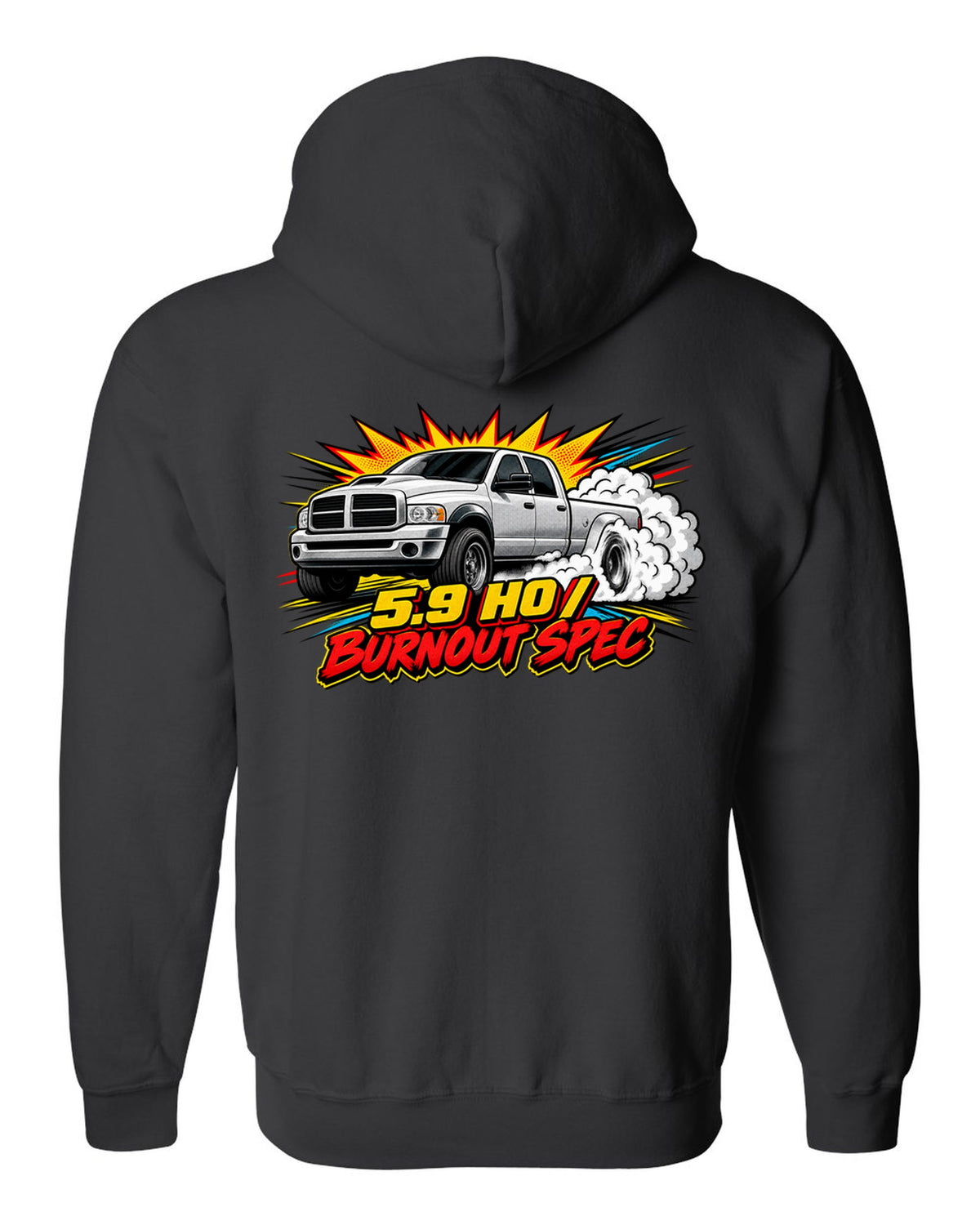 Comic halftone pop-art of a 2003-2009 Dodge Ram 3rd gen 5.9 HO with the words Burnout Spec black zip hoodie back view with the design