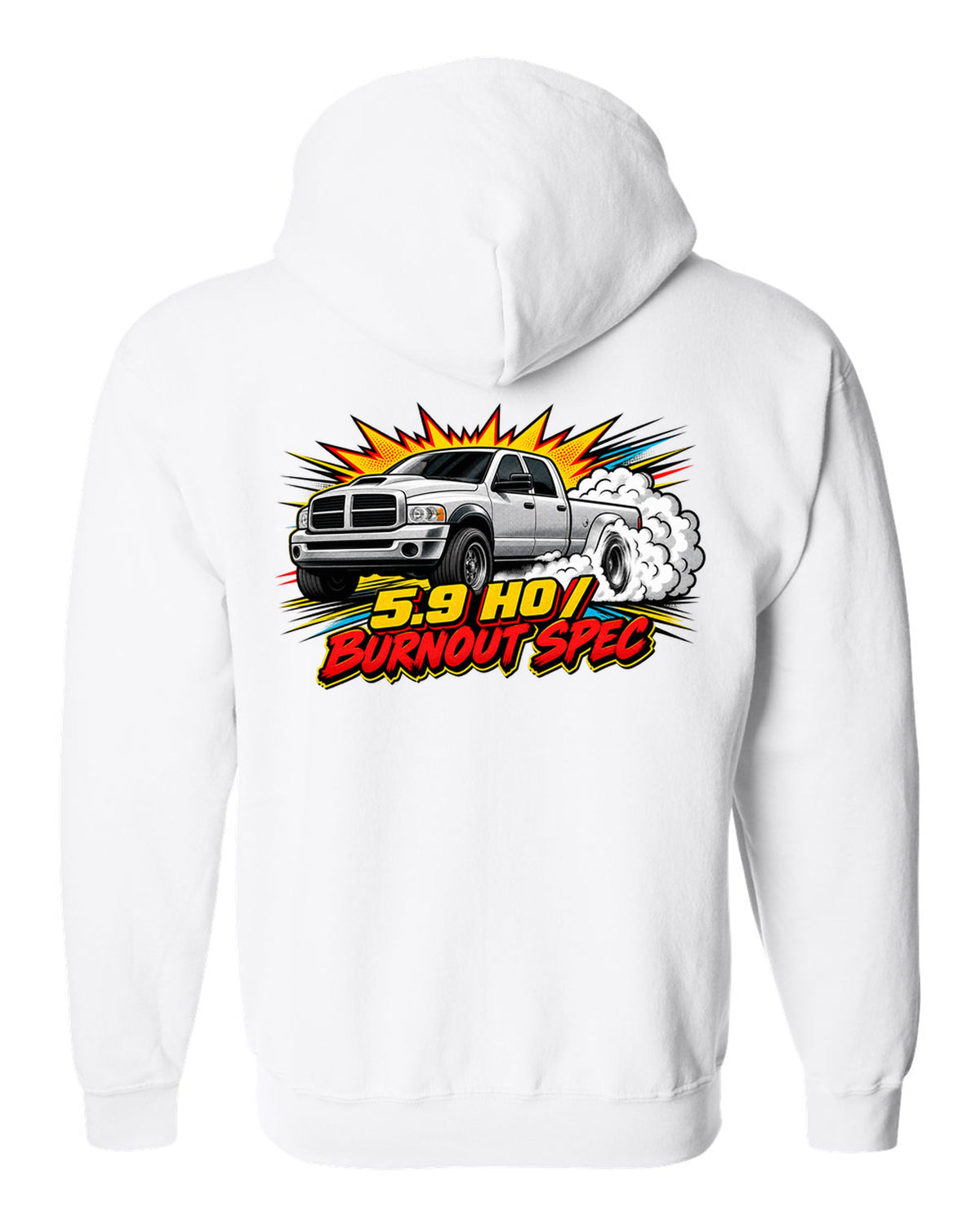 Comic halftone pop-art of a 2003-2009 Dodge Ram 3rd gen 5.9 HO with the words Burnout Spec white zip hoodie back view with the design